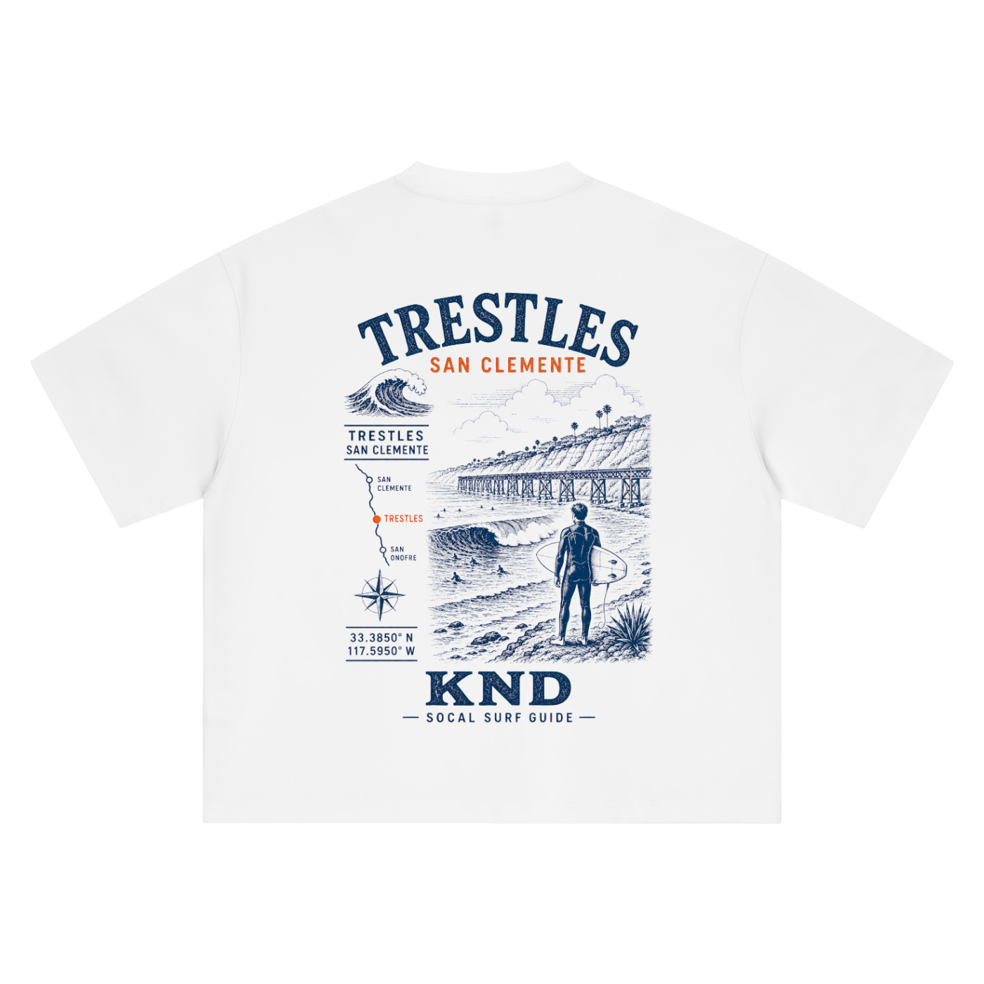 Trestles Surf Tee, White — back print, vintage engraved Trestles break at San Clemente with coordinates