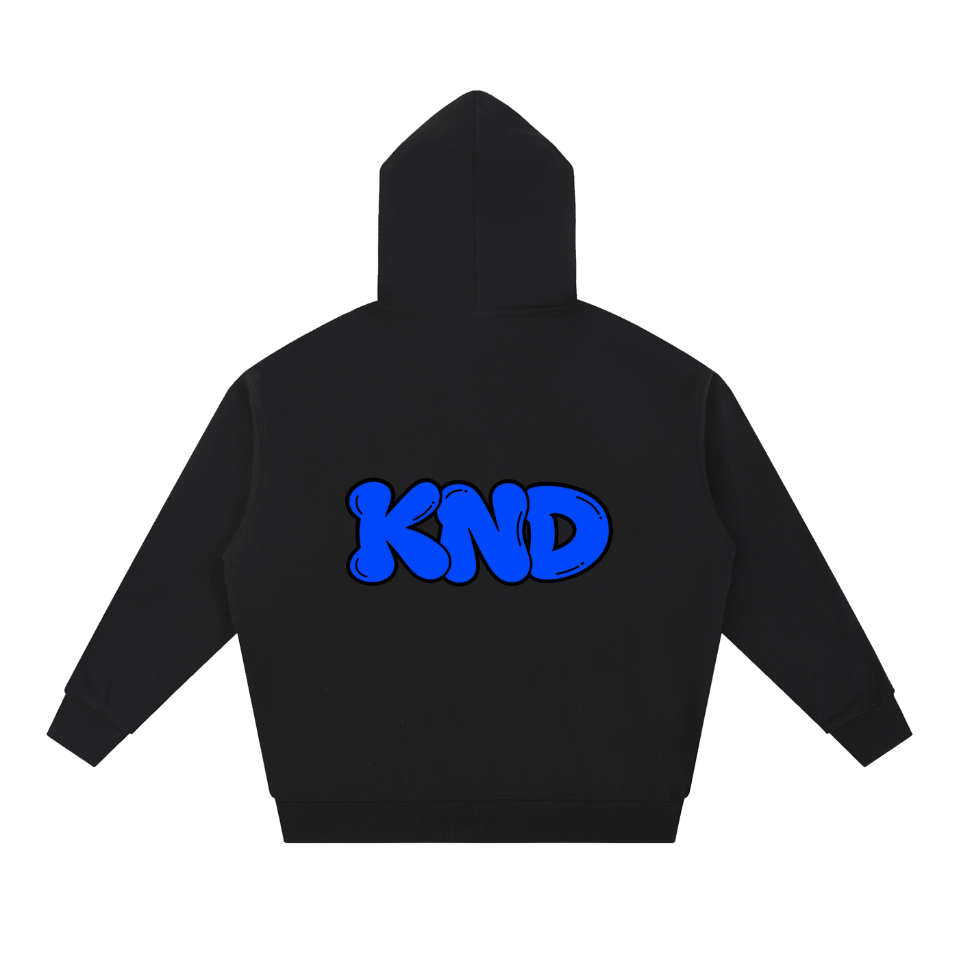Back of the Born Slippy hoodie, blue bubble KND wordmark printed across the shoulders