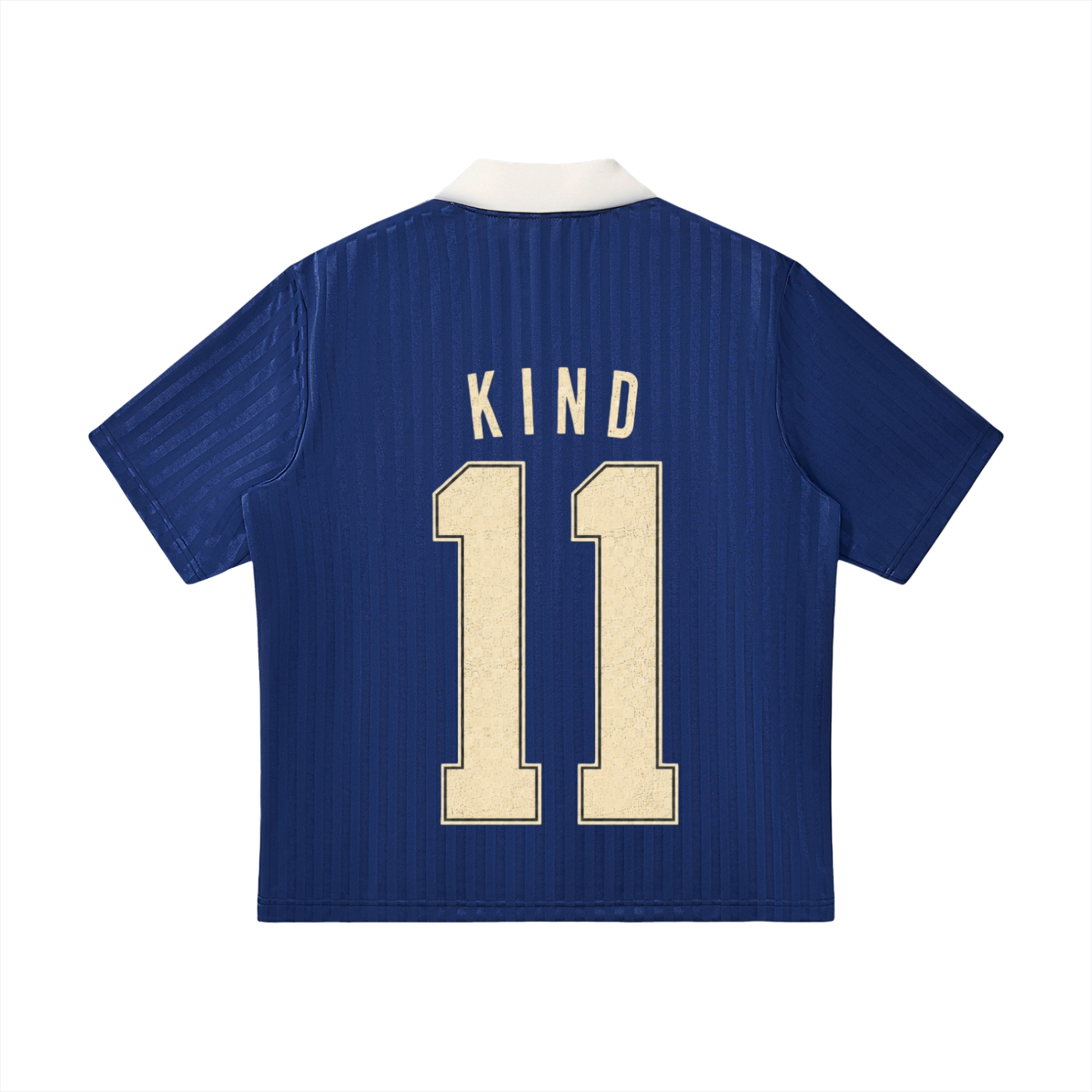 KND Coastal Crest navy soccer jersey with white contrast collar and cuffs, unisex loose fit