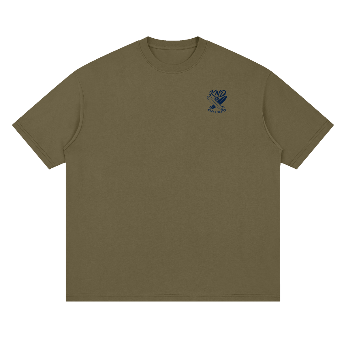 Crossed Boards Tee, Gray Green — front view with a small graphic of two crossed surfboards with a hibiscus flower on the left chest