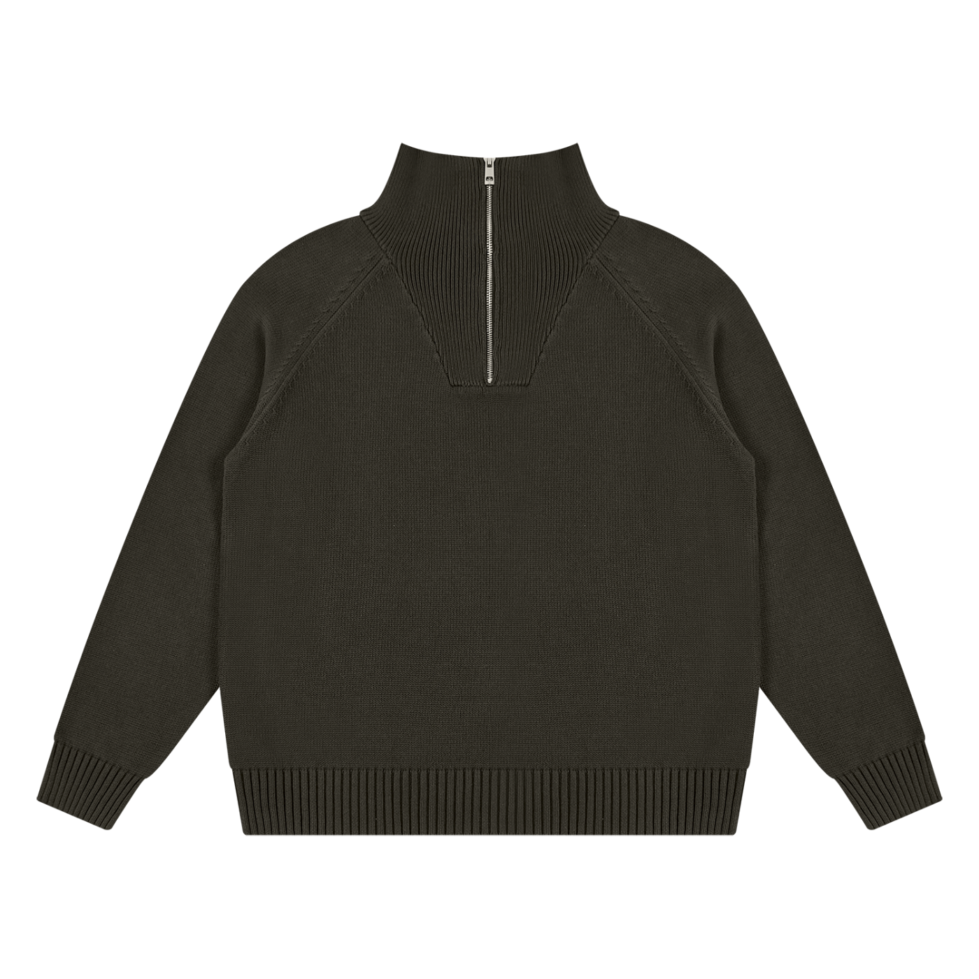 KND Brand quarter-zip sweater in brown, back view showing raglan seams and ribbed hem