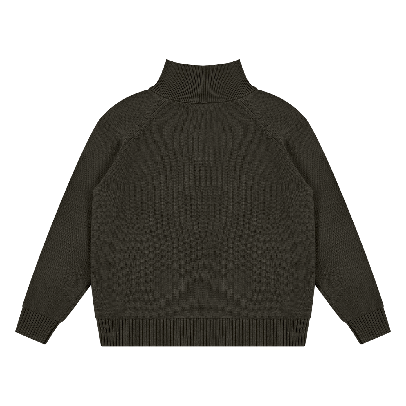 KND Brand quarter-zip sweater in beige, back view showing raglan seams and ribbed hem