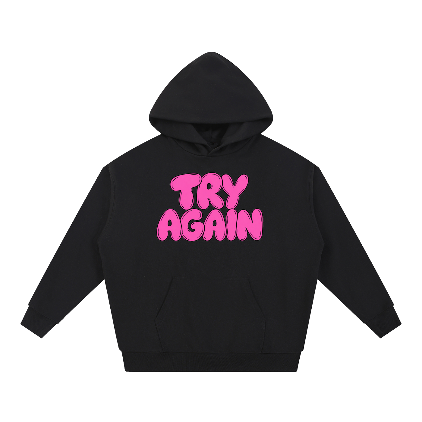 Black oversized hoodie with TRY AGAIN printed across the chest in pink bubble lettering, front view