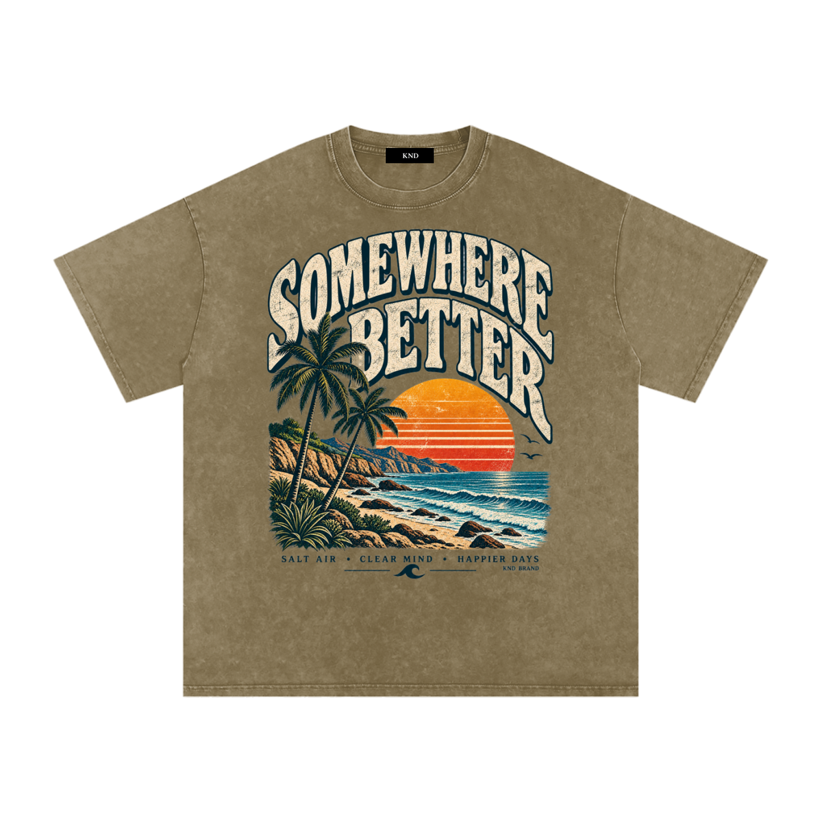 Somewhere Better Washed Tee, Gray Green — front print, palms, striped retro sunset and California surf graphic