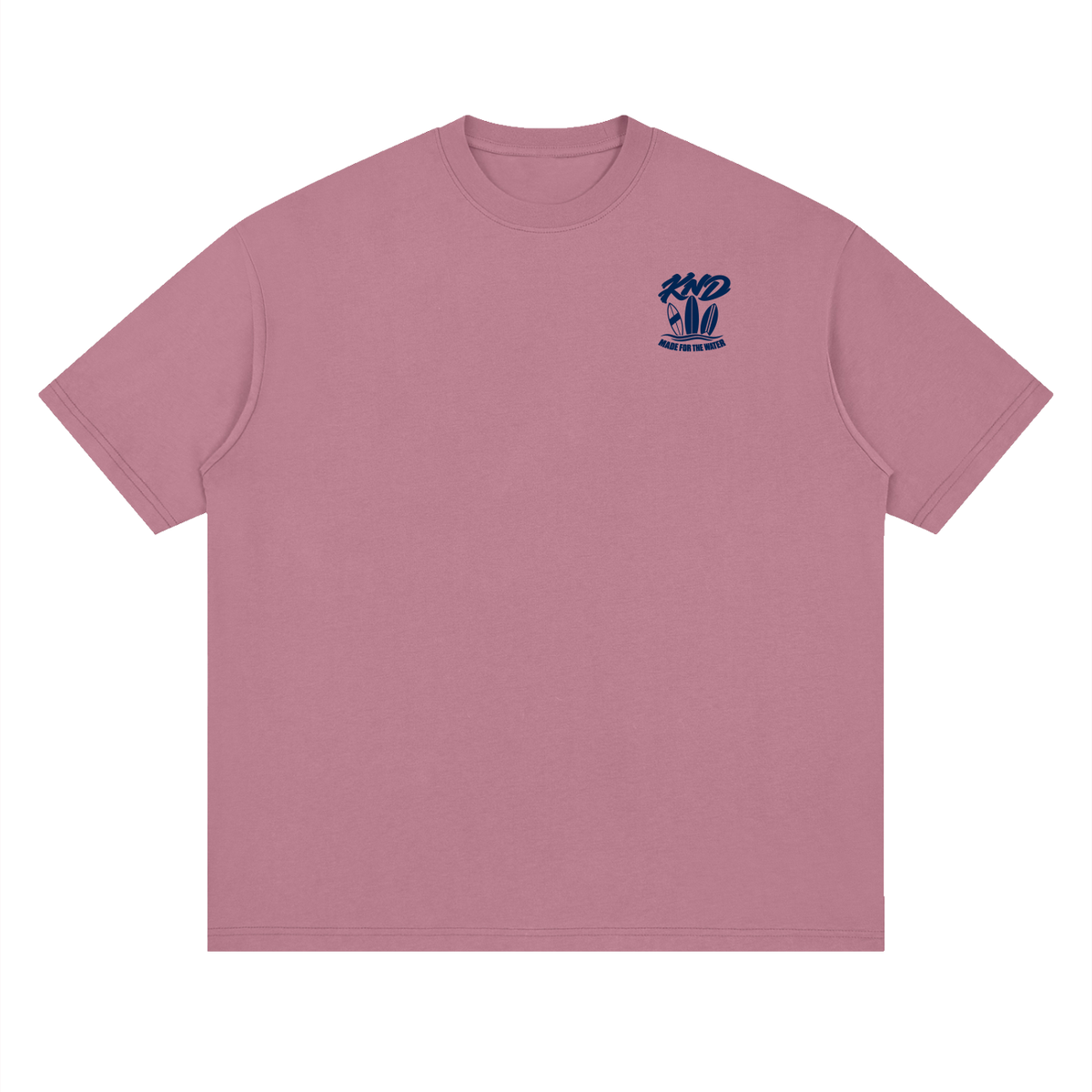 Made for the Water Tee, Bean Paste Red — front view with a small graphic of three upright surfboards above a line of waves on the left chest