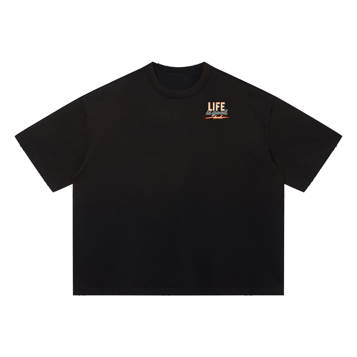 At the Beach Sun-Fade Tee, Black — front view with the small “Life is good” lettering and knd script on the chest