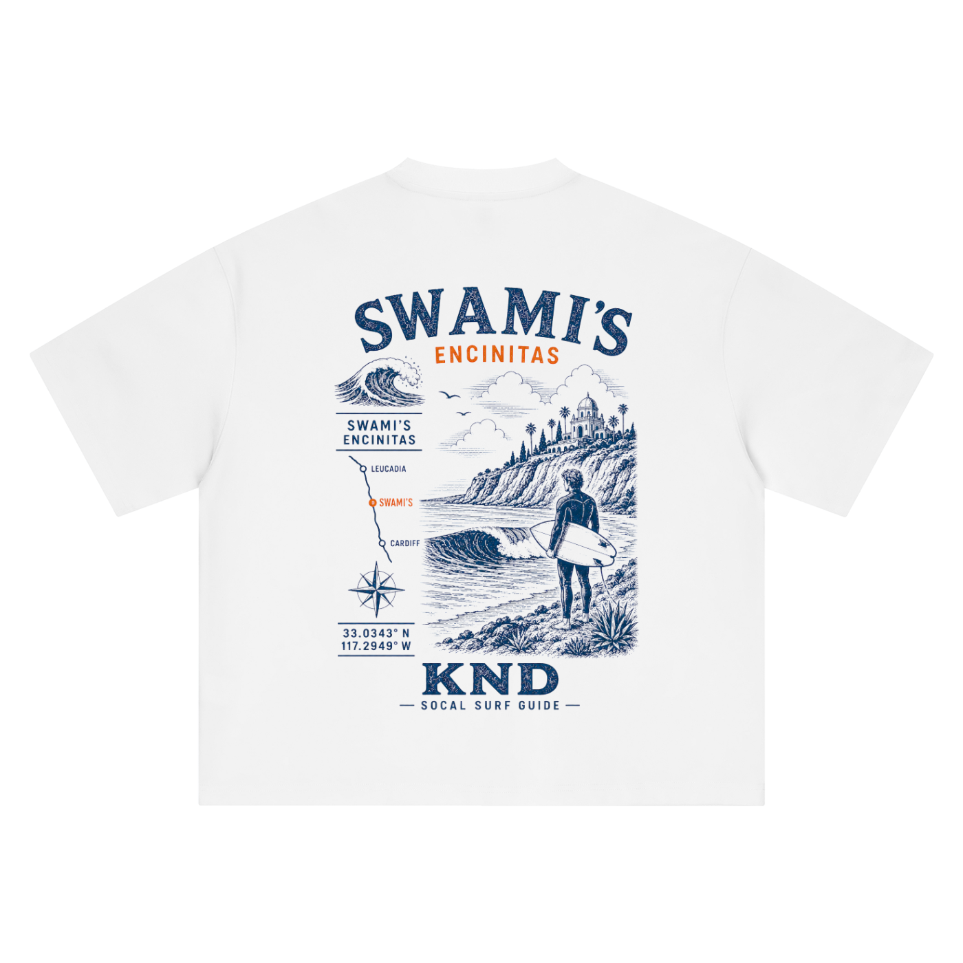 Swami's Surf Tee, White — back print, vintage engraved Swami's point break with coordinates