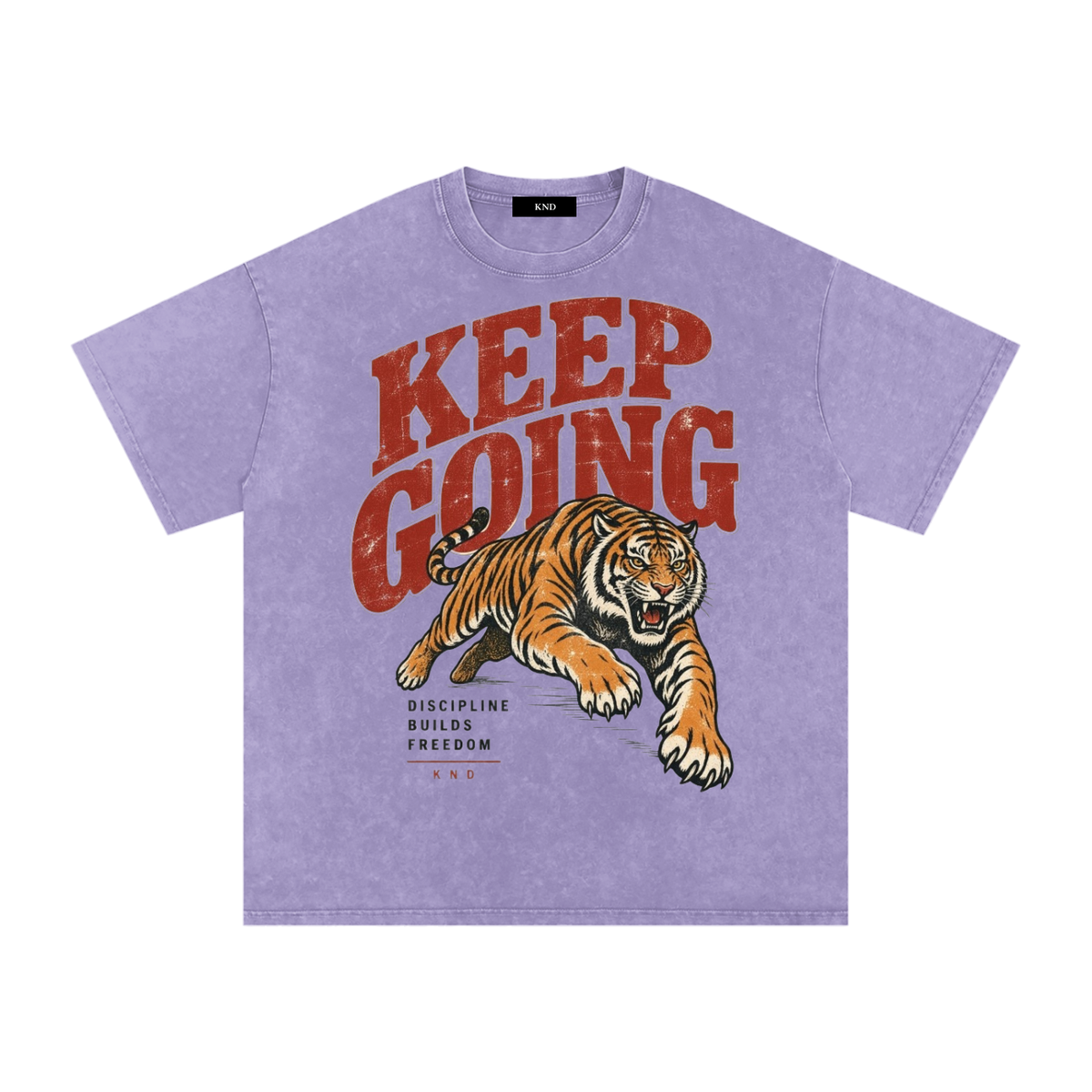Keep Going Washed Tee, Light Purple — front print, leaping tiger graphic with Discipline Builds Freedom
