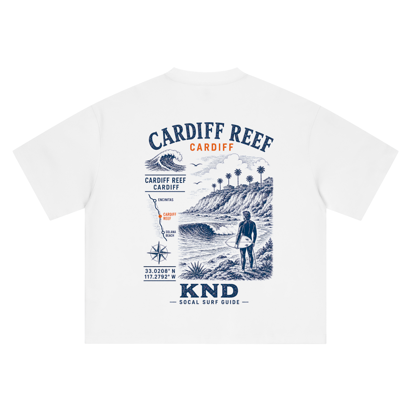 Cardiff Reef Surf Tee, White — back print, vintage engraved Cardiff Reef break with coordinates