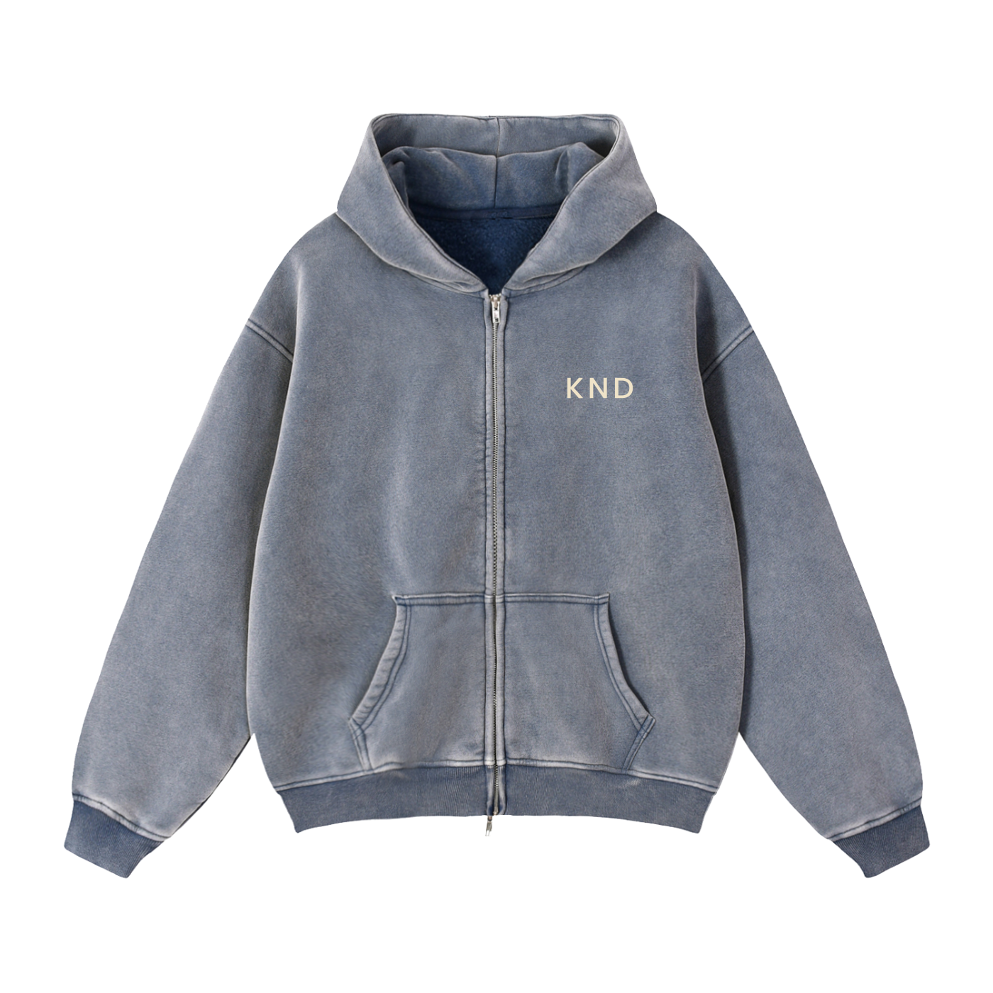 KND Brand boxy zip-through hoodie in jujube red, back view showing drop shoulder cut