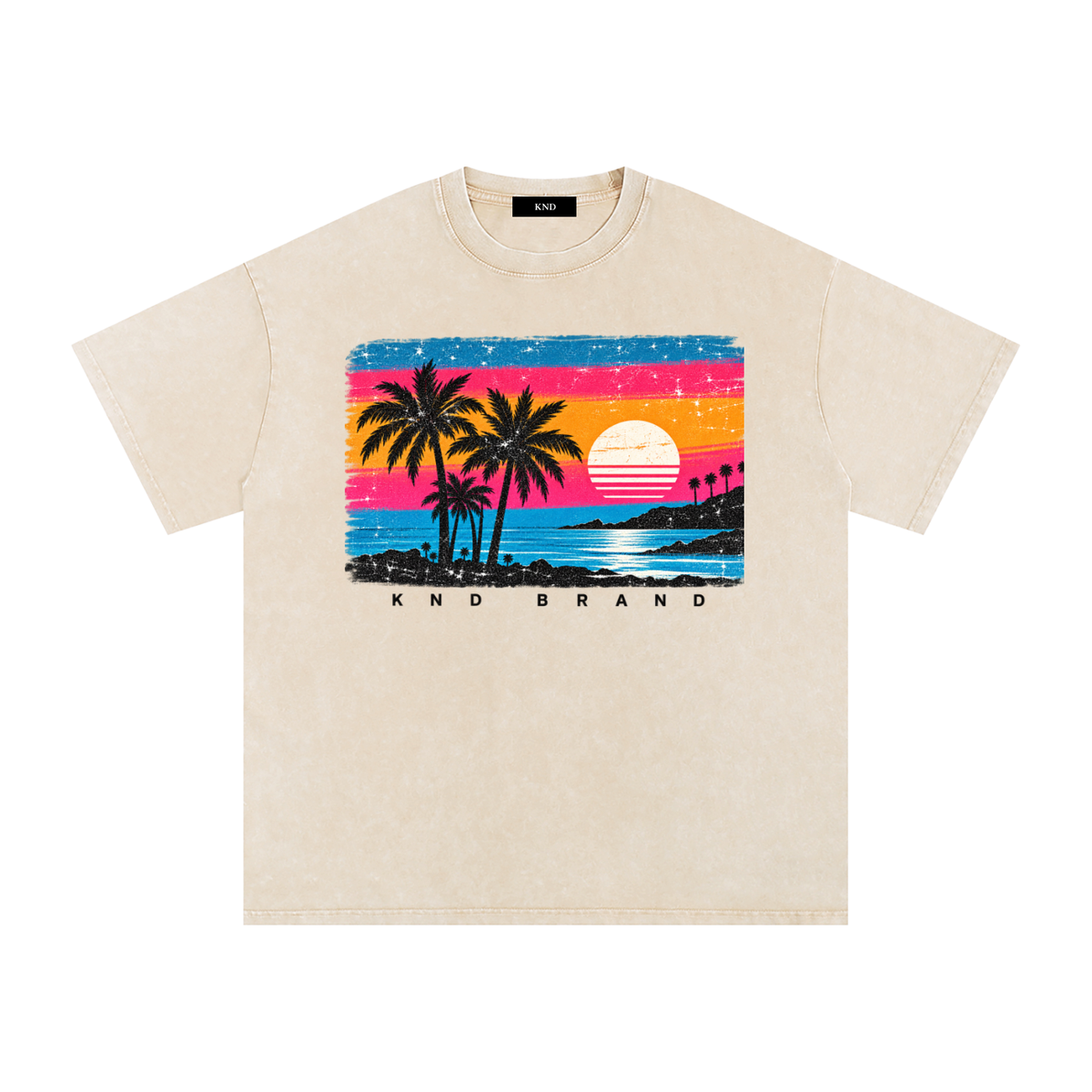 Neon Sunset Washed Tee, Apricot — front print, neon-striped sunset postcard graphic with palms and surf