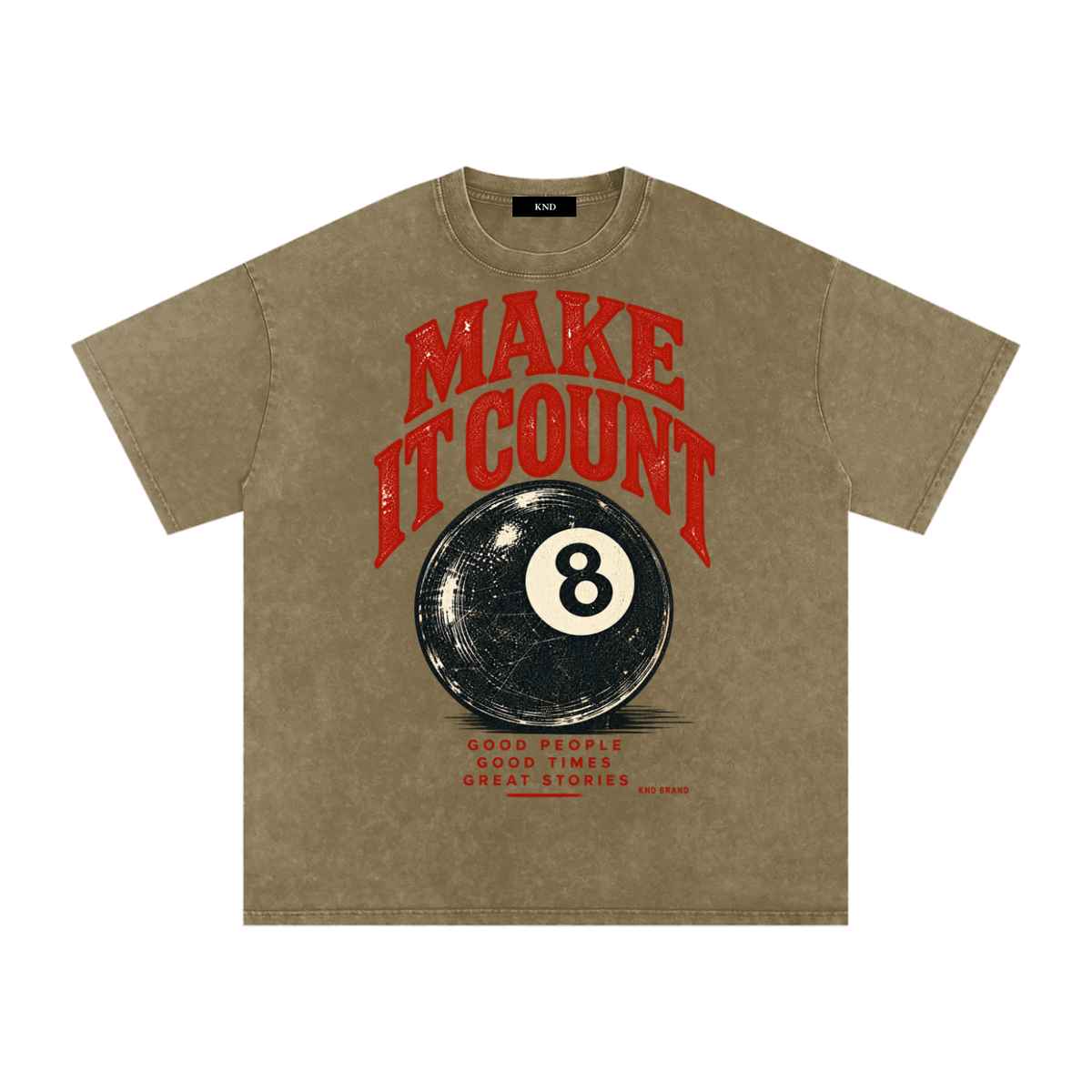 Make It Count Washed Tee, Gray Green — front print, scuffed 8-ball graphic in red arched lettering