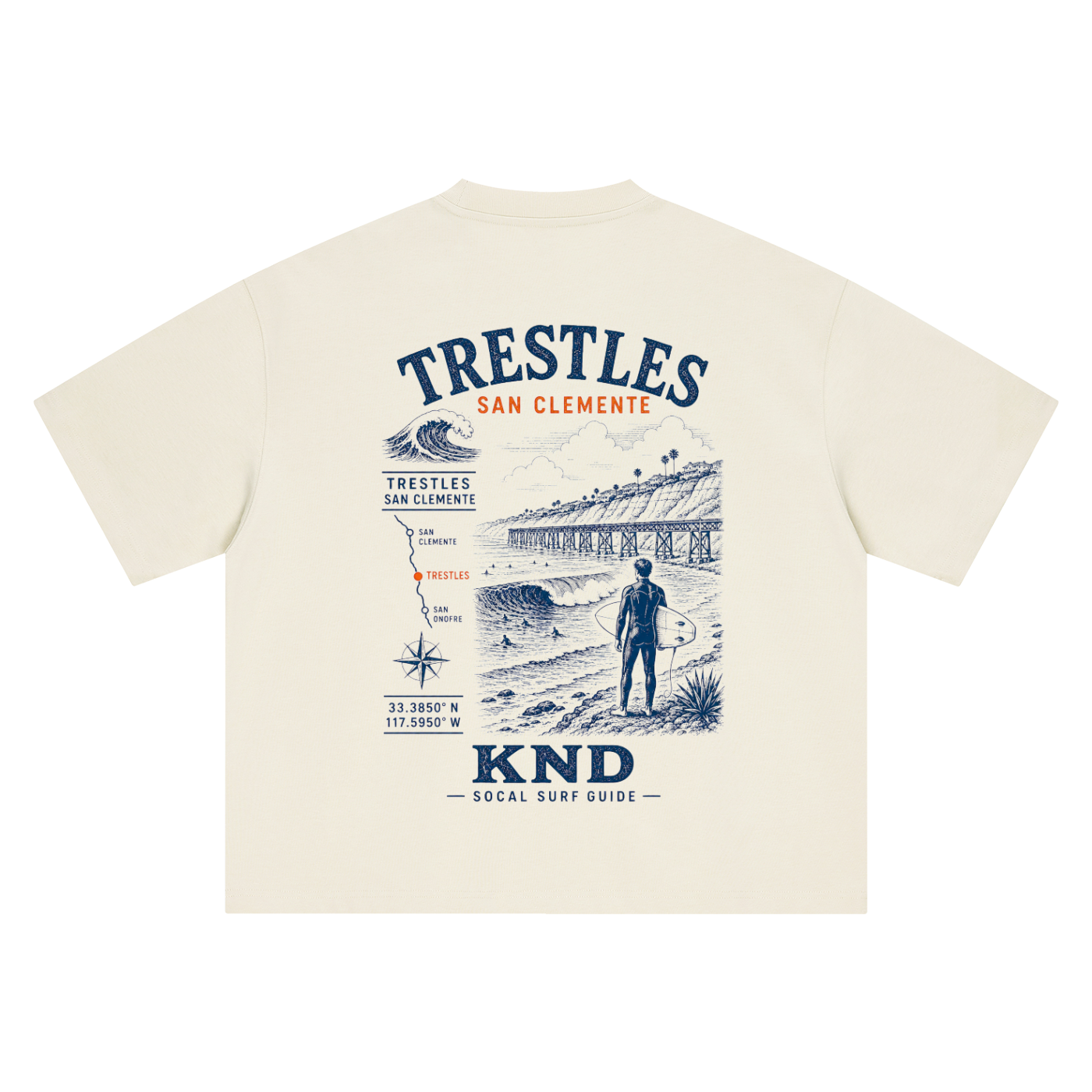 Trestles Surf Tee, Mild Apricot — back print, vintage engraved Trestles break at San Clemente with coordinates