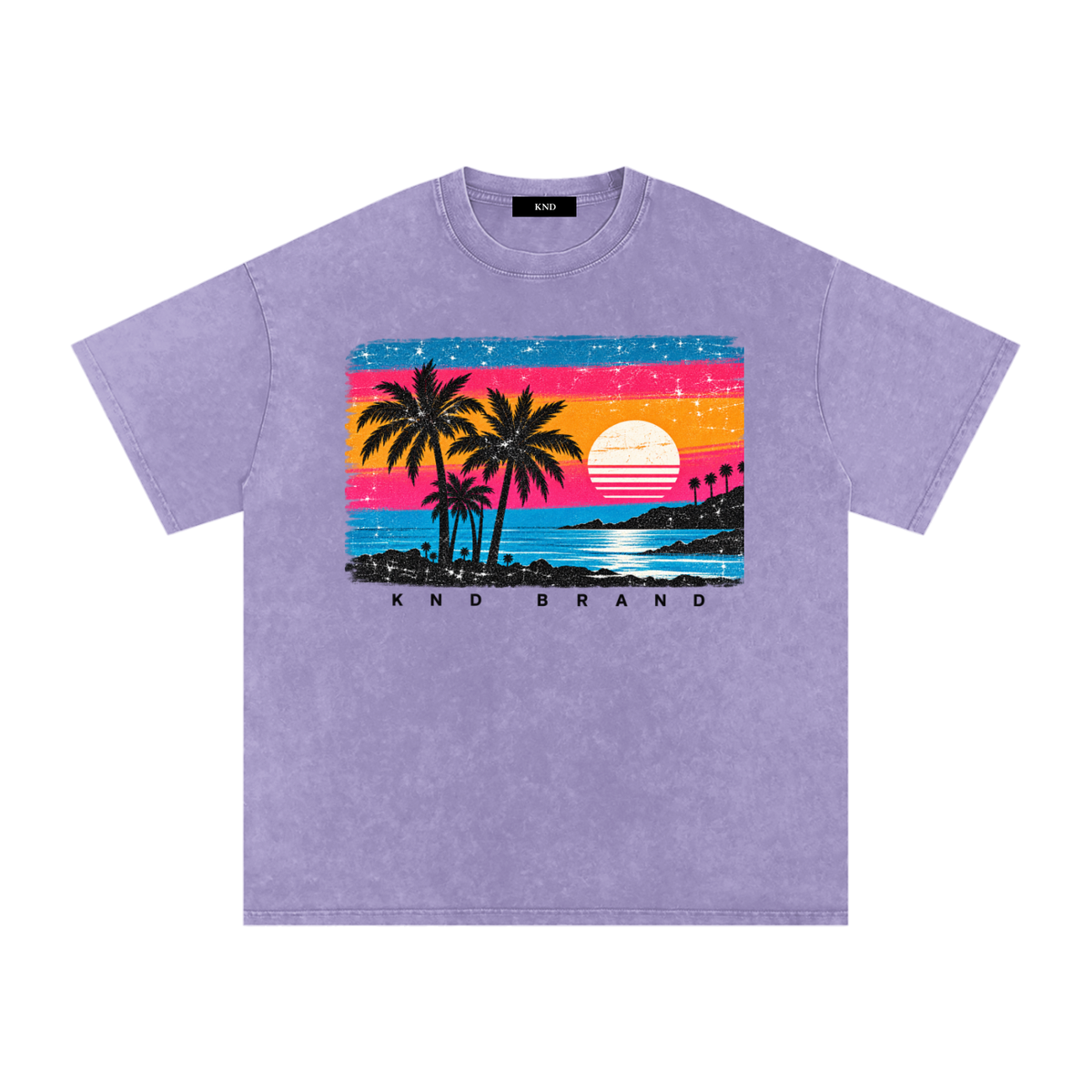 Neon Sunset Washed Tee, Light Purple — front print, neon-striped sunset postcard graphic with palms and surf