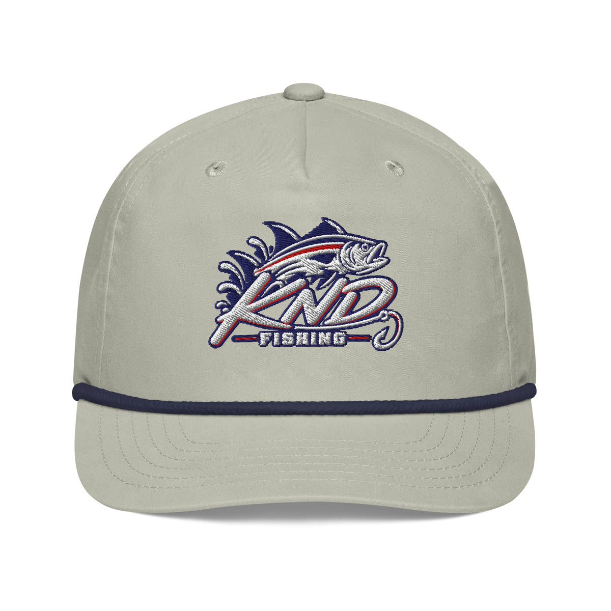 KND Fishing Bass Rope Cap in light grey with a navy rope — embroidered KND Fishing bass artwork, front view