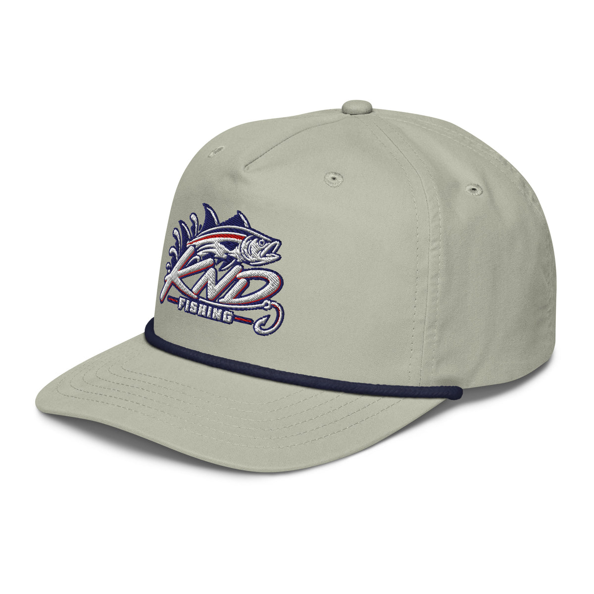 KND Fishing Bass Rope Cap in light grey with a navy rope — three-quarter view from the left