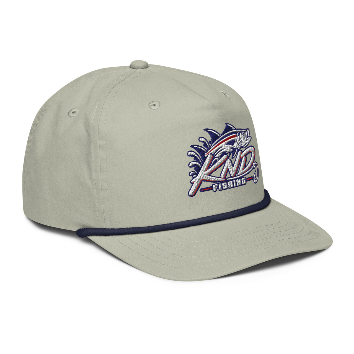 KND Fishing Bass Rope Cap in light grey with a navy rope — three-quarter view from the right