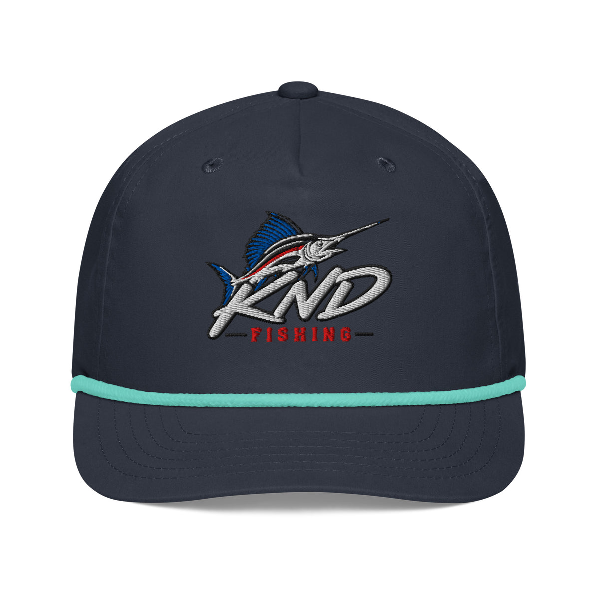 KND Fishing Sailfish Rope Cap in navy with a mint rope — embroidered KND Fishing sailfish artwork, front view