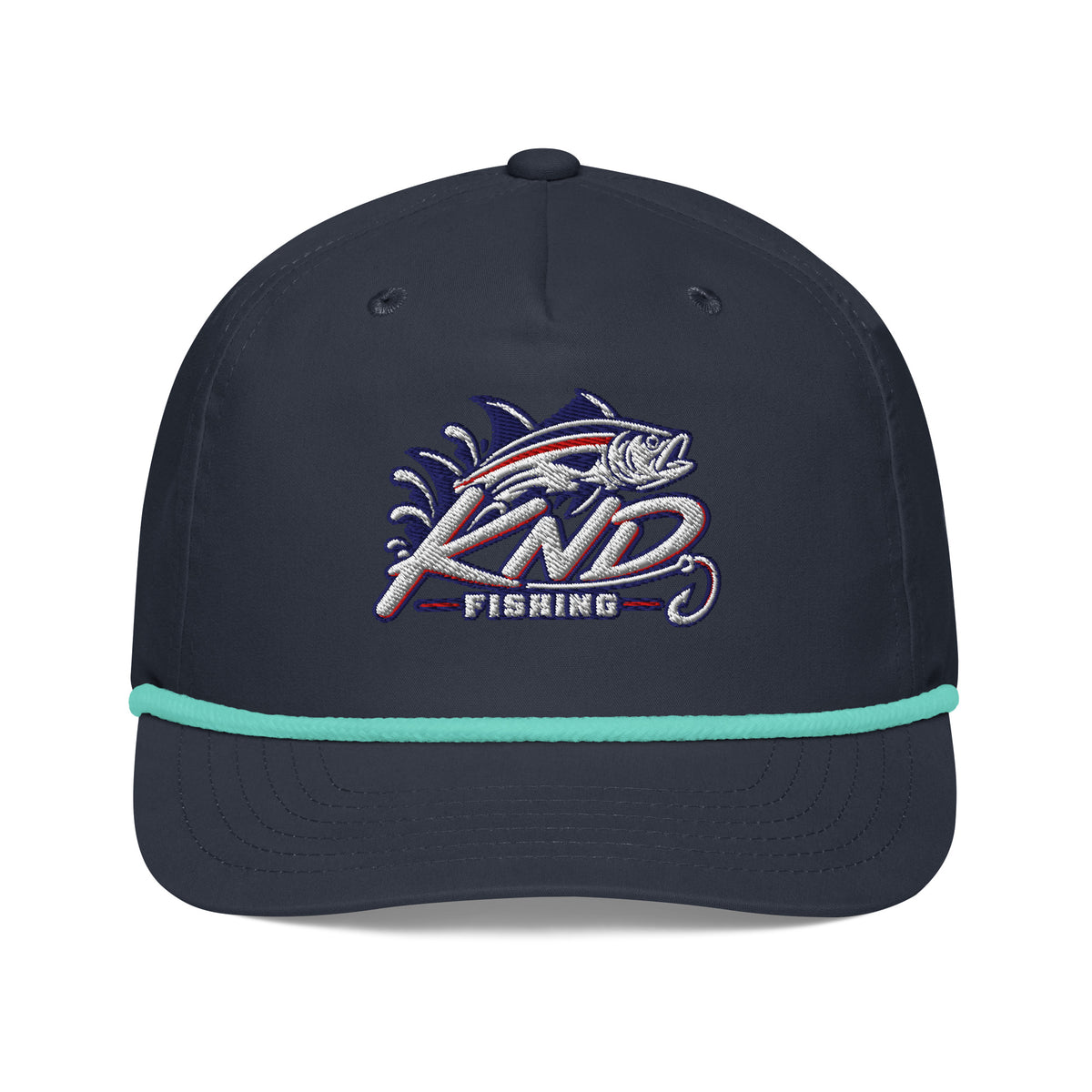 KND Fishing Bass Rope Cap in navy with a mint rope — embroidered KND Fishing bass artwork, front view