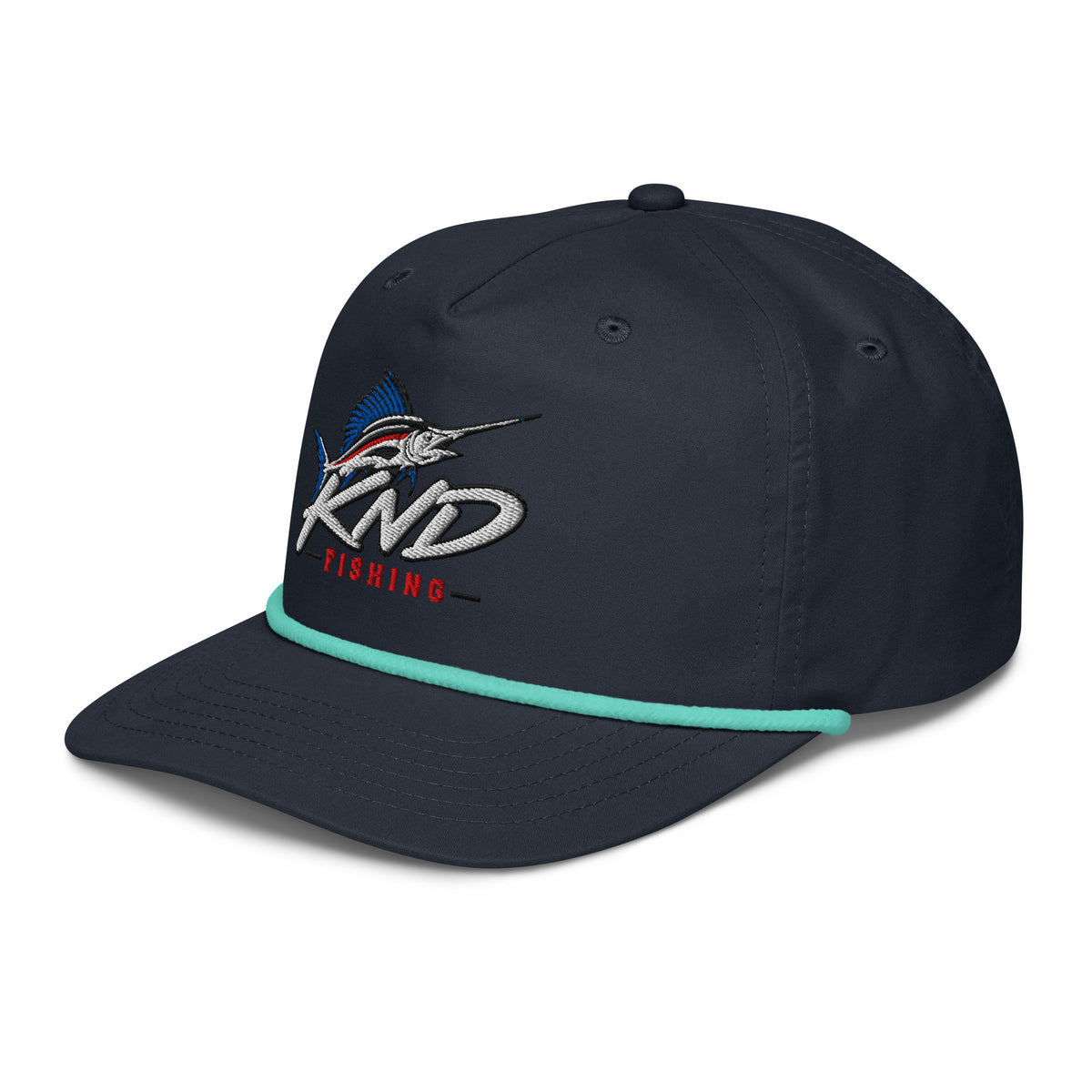KND Fishing Sailfish Rope Cap in navy with a mint rope — three-quarter view from the left