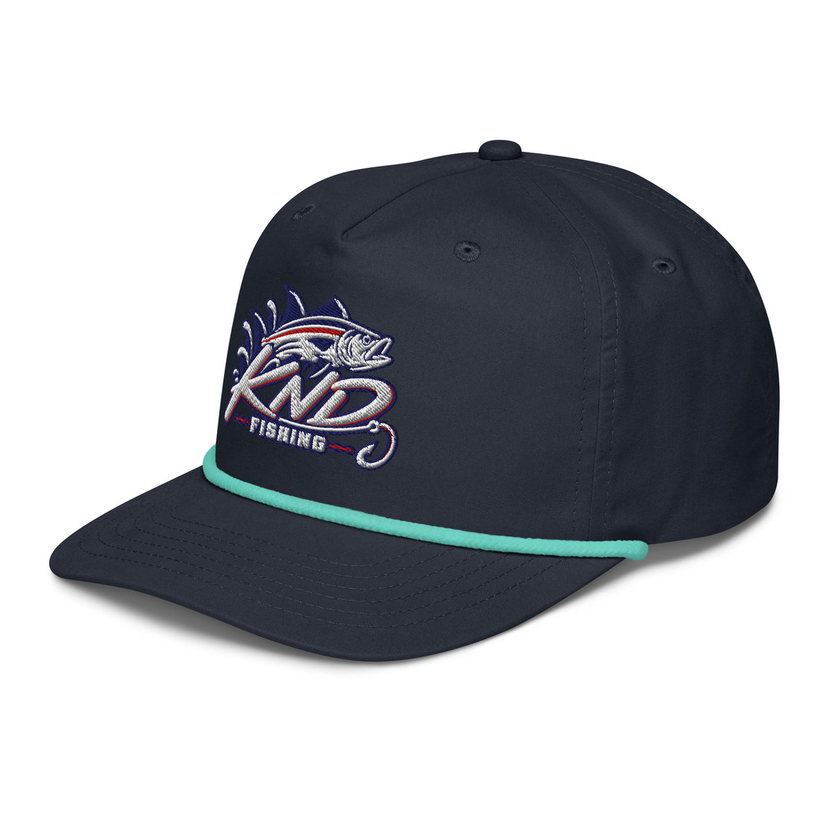 KND Fishing Bass Rope Cap in navy with a mint rope — three-quarter view from the left