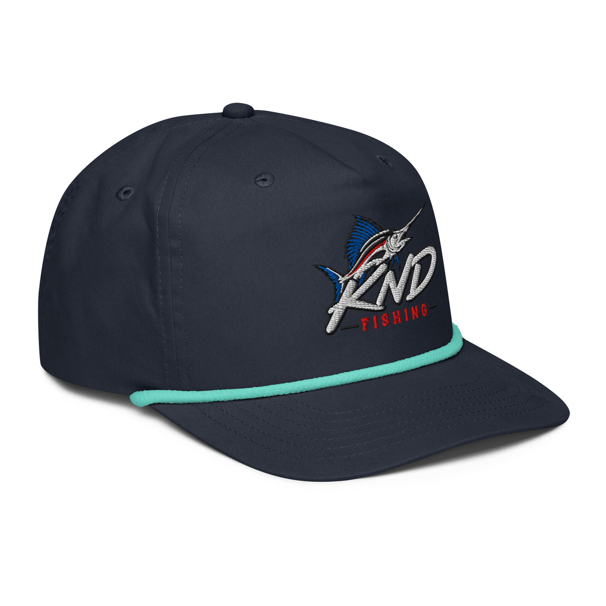 KND Fishing Sailfish Rope Cap in navy with a mint rope — three-quarter view from the right