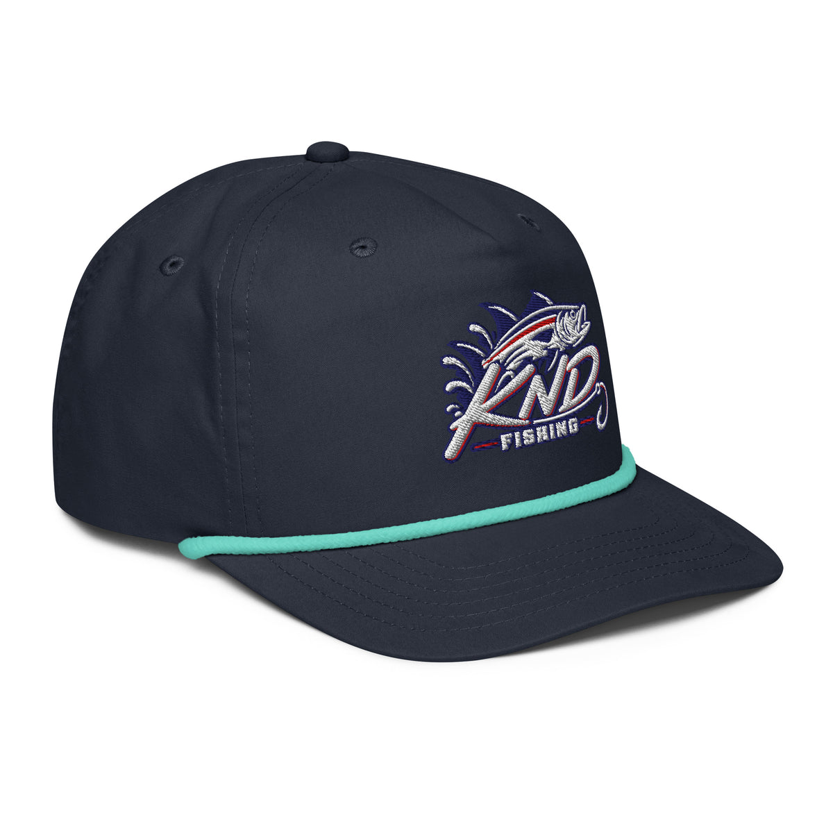 KND Fishing Bass Rope Cap in navy with a mint rope — three-quarter view from the right