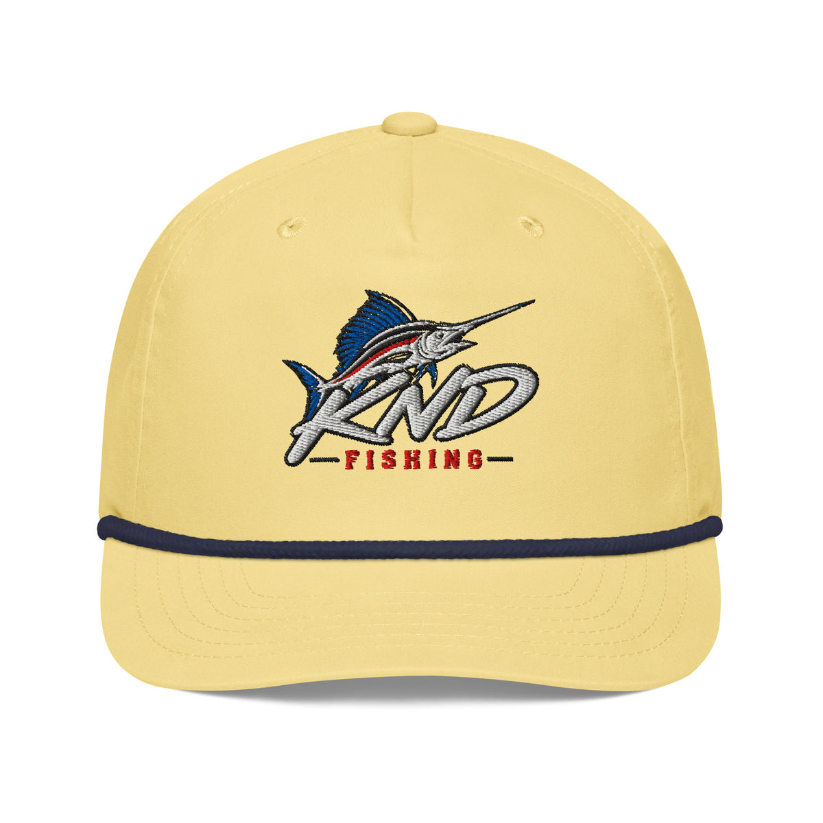 KND Fishing Sailfish Rope Cap in butter yellow with a navy rope — embroidered KND Fishing sailfish artwork, front view
