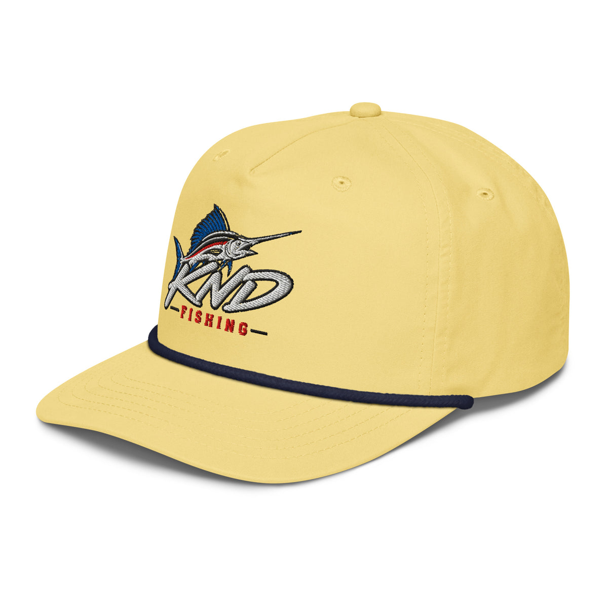 KND Fishing Sailfish Rope Cap in butter yellow with a navy rope — three-quarter view from the left