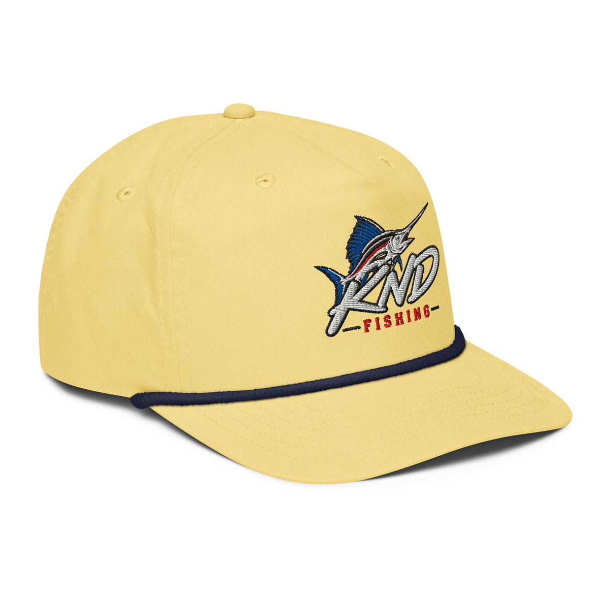 KND Fishing Sailfish Rope Cap in butter yellow with a navy rope — three-quarter view from the right