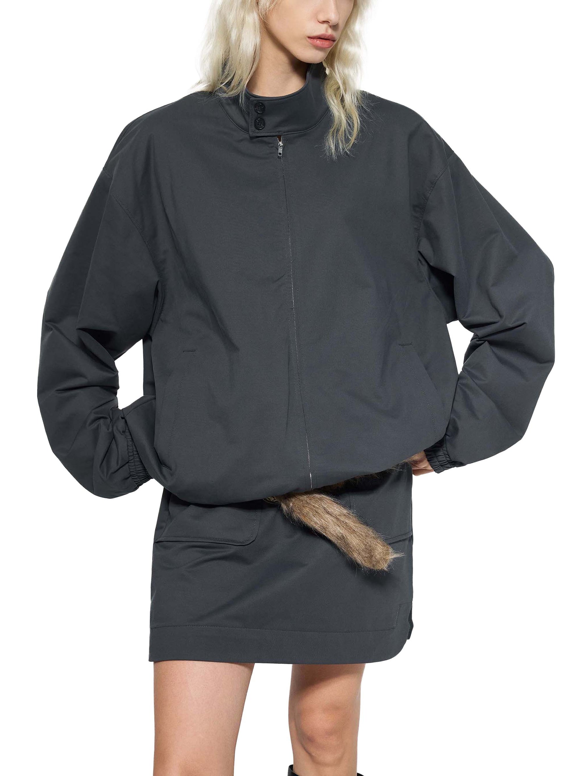 KND Stand Collar Bomber Jacket worn by female model — front