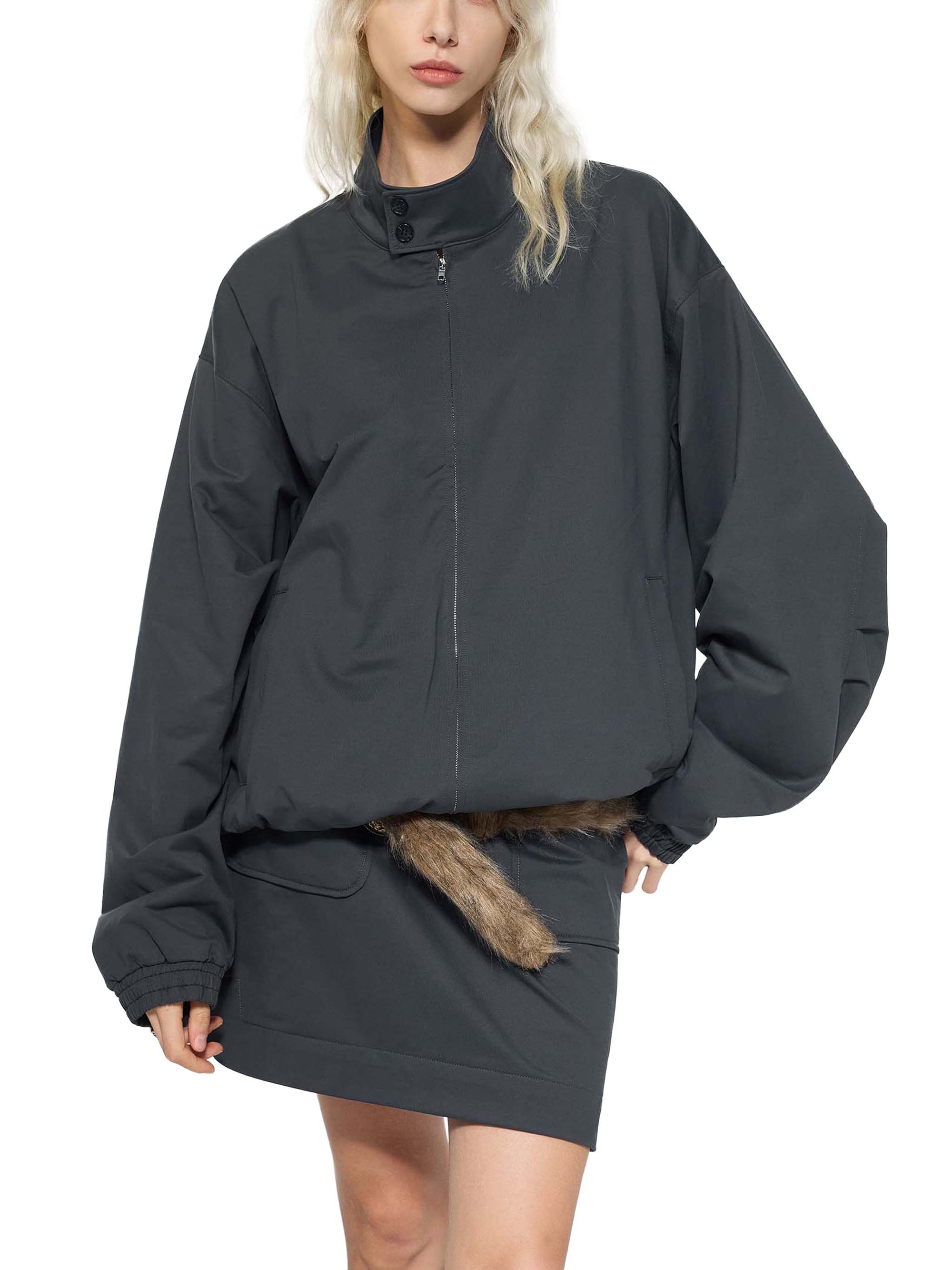 KND Stand Collar Bomber Jacket worn by female model — detail