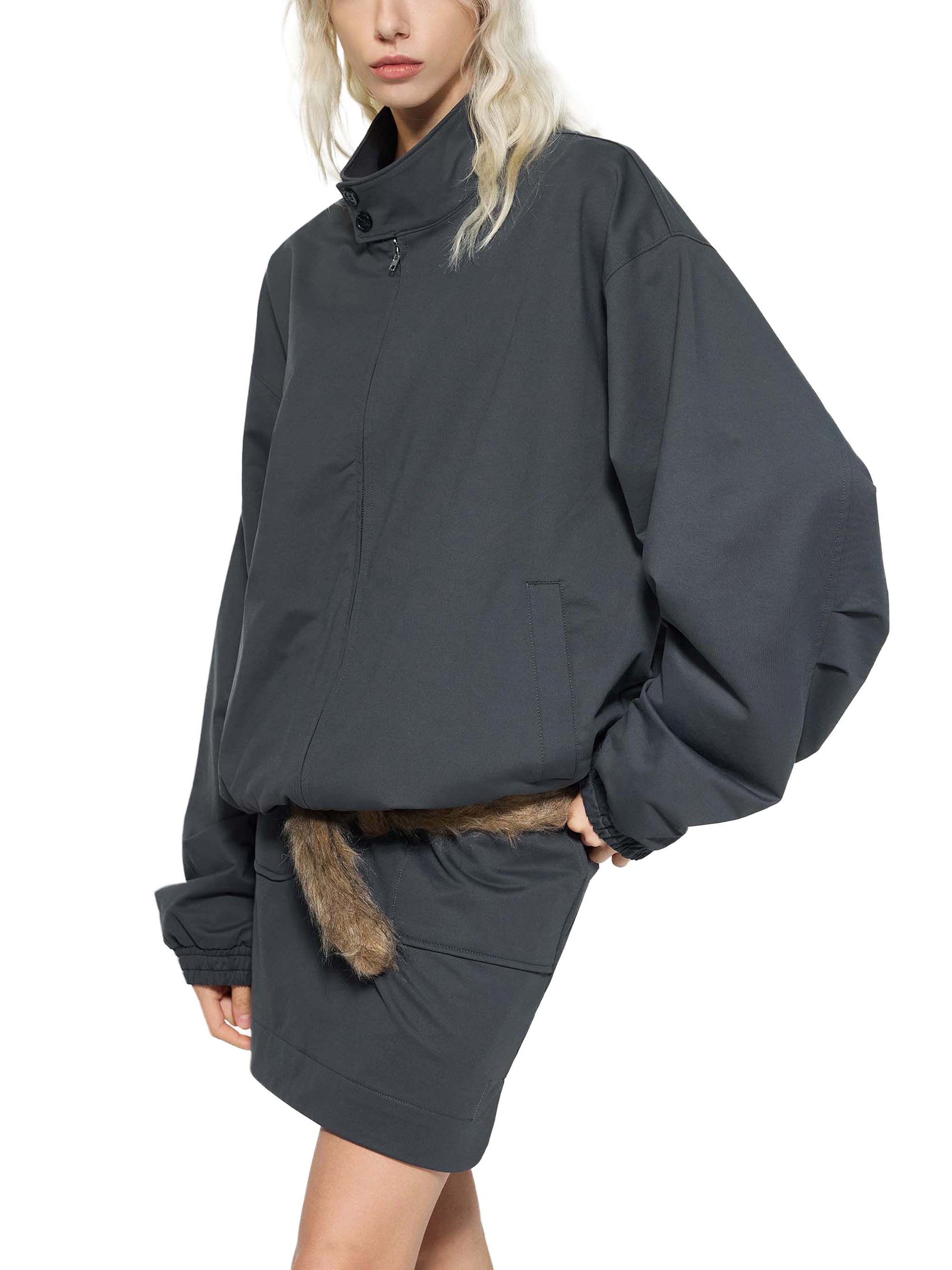 KND Stand Collar Bomber Jacket worn by female model — close-up