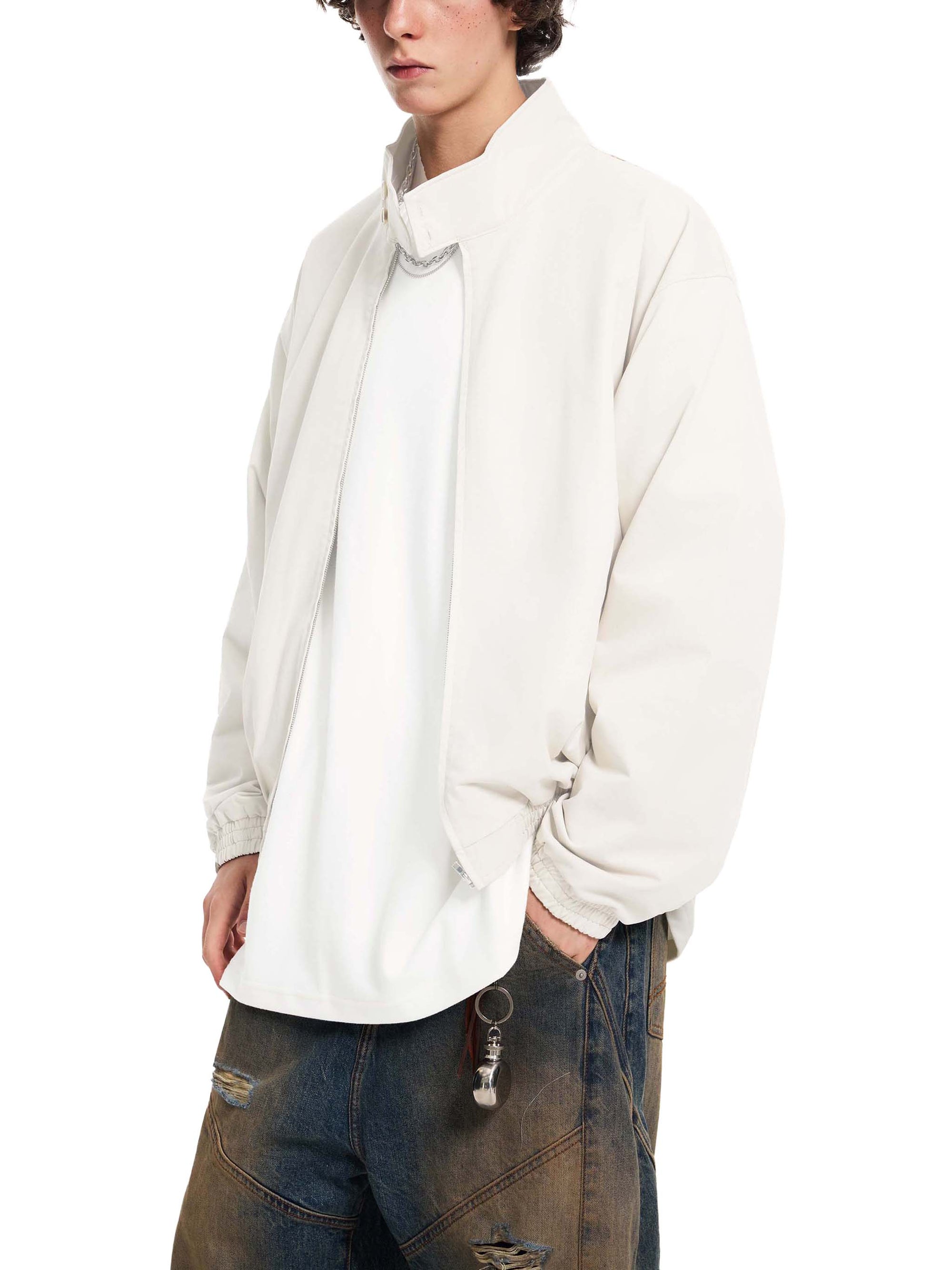 KND Stand Collar Bomber Jacket worn by male model — close-up