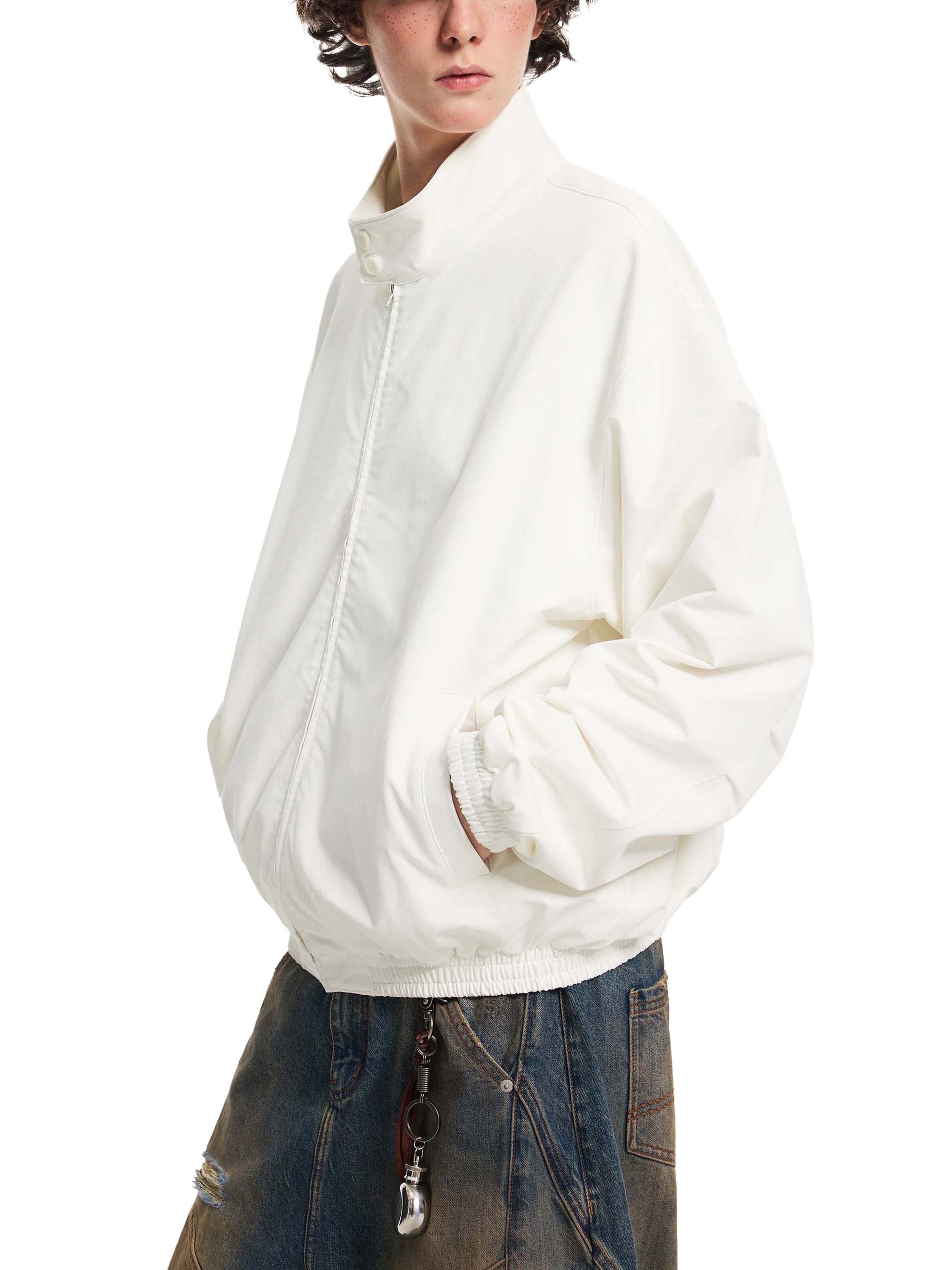 KND Stand Collar Bomber Jacket worn by male model — detail