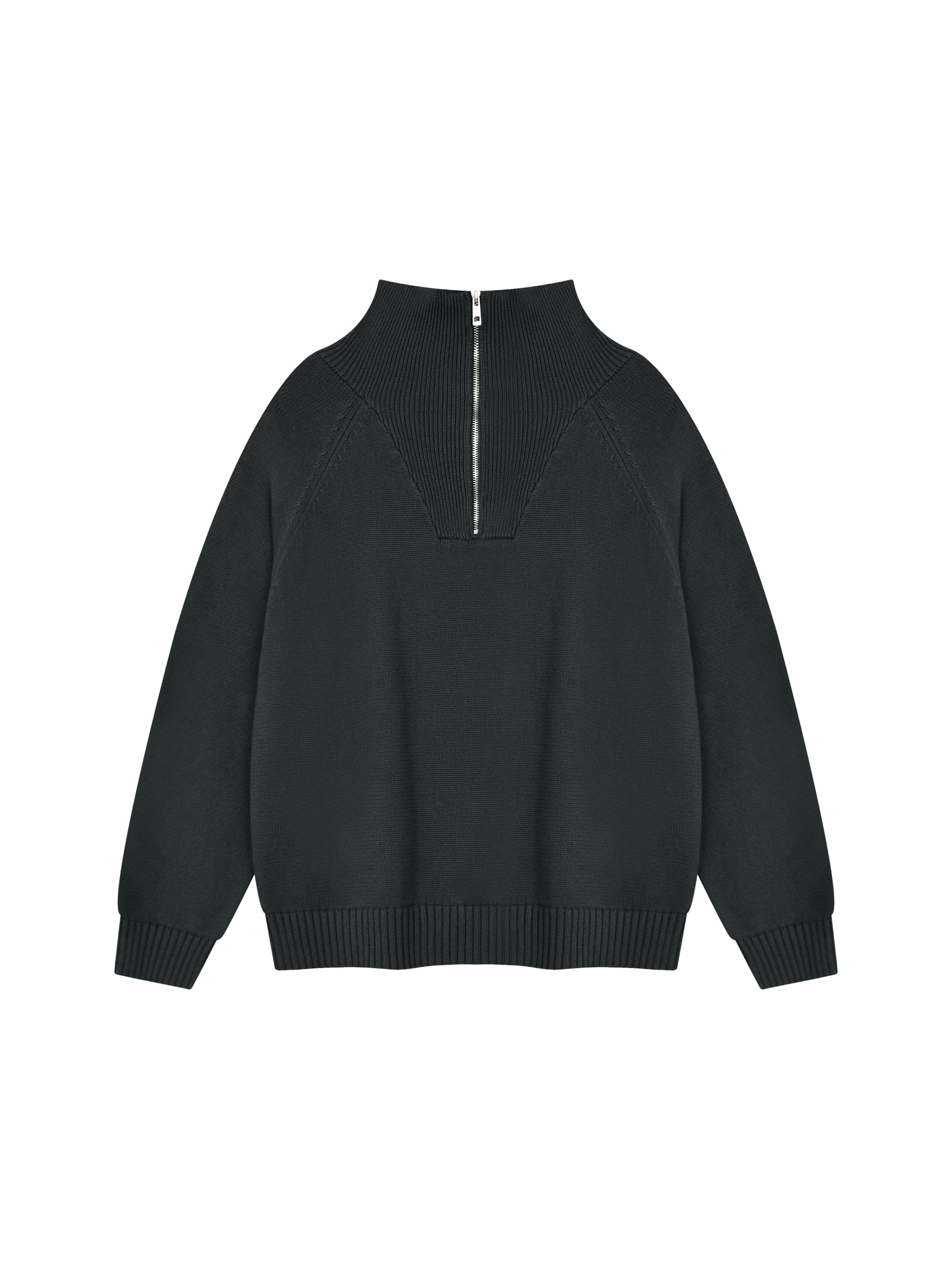 Detail of the ribbed stand collar and quarter-zip closure on the KND Brand cotton sweater