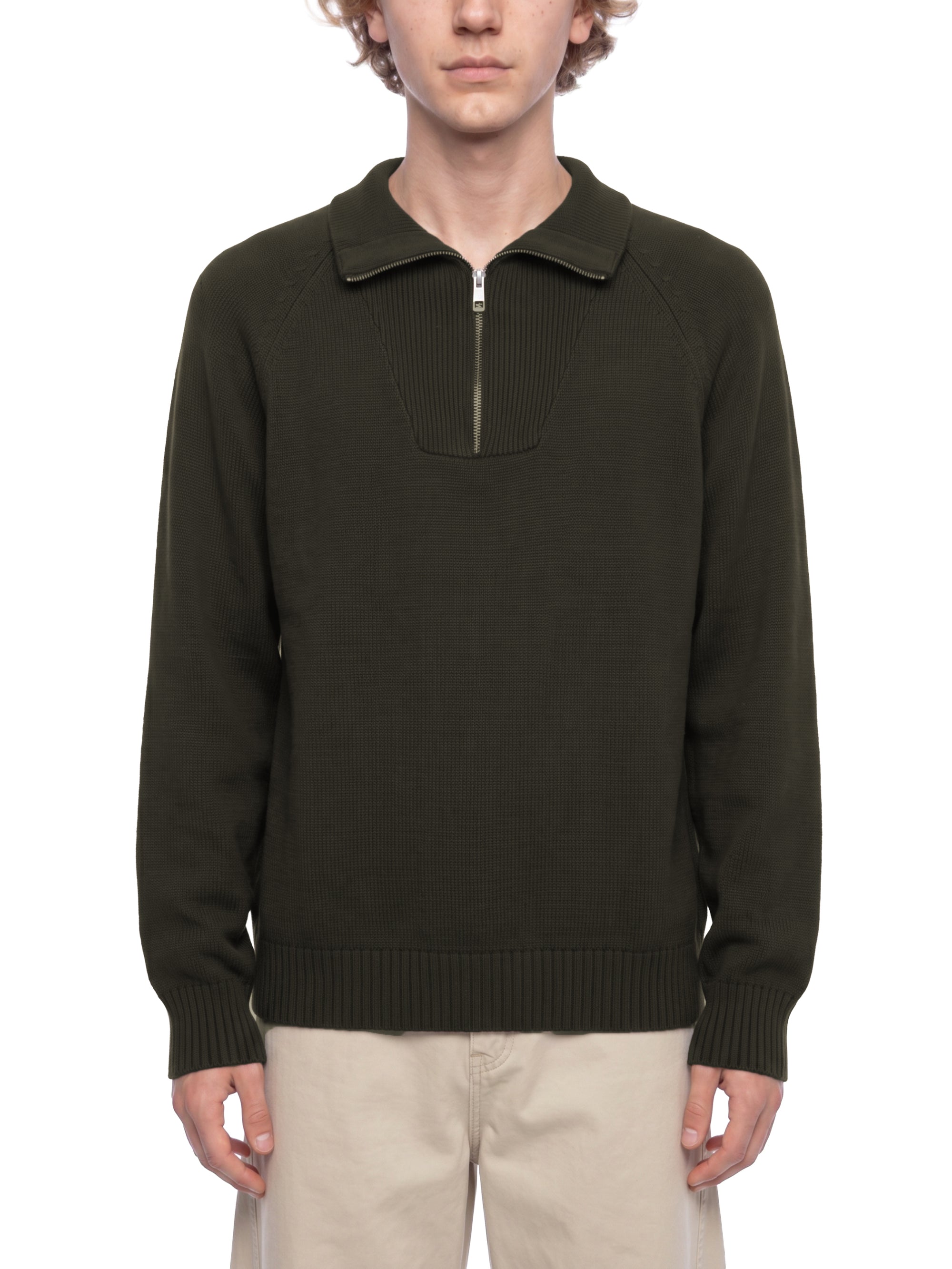 Male model 6 foot 1 wearing the KND Brand heavyweight quarter-zip sweater in size L, front