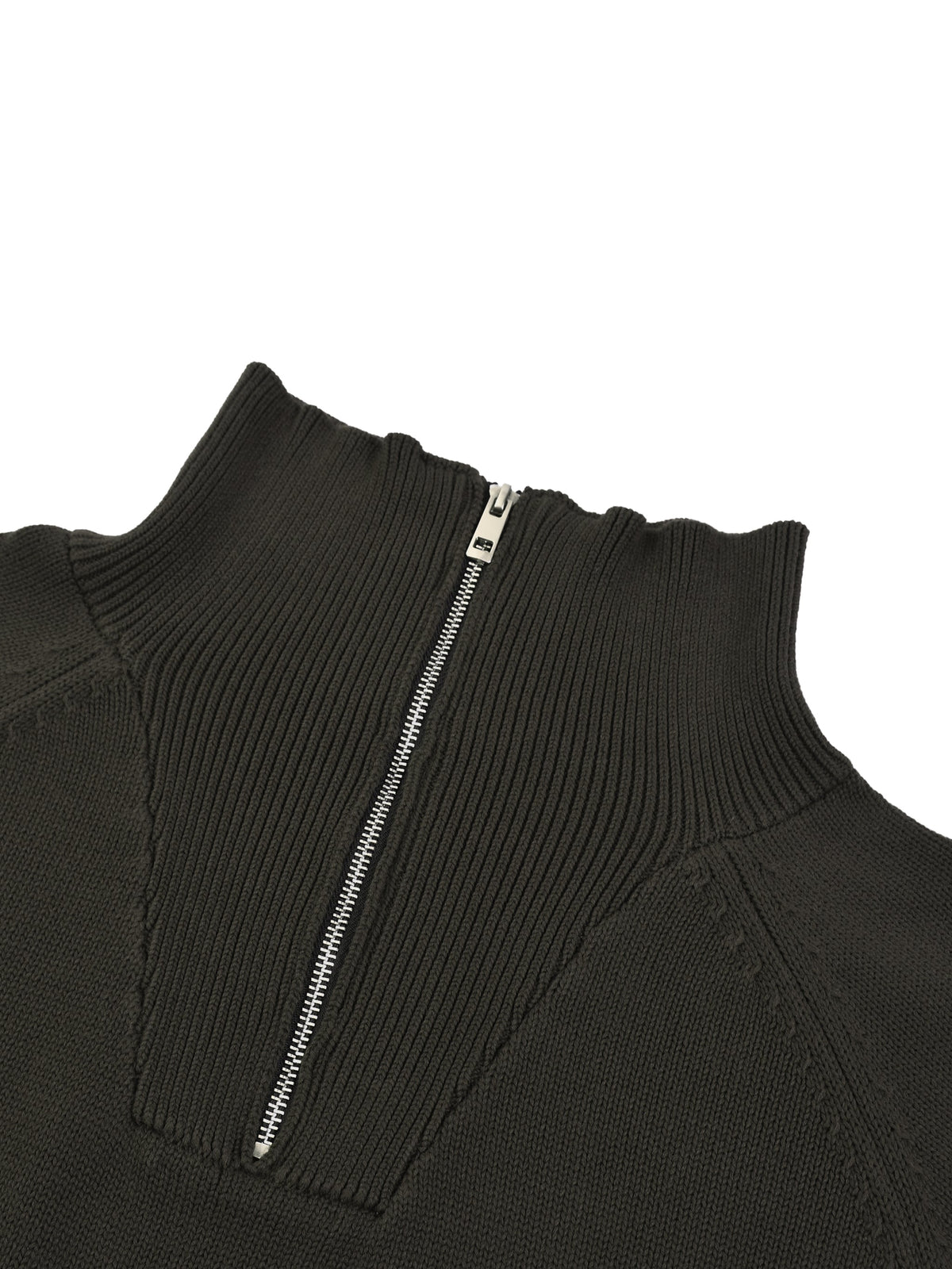 Flat lay detail of the KND Brand heavyweight quarter-zip sweater showing the zip pull and stand collar