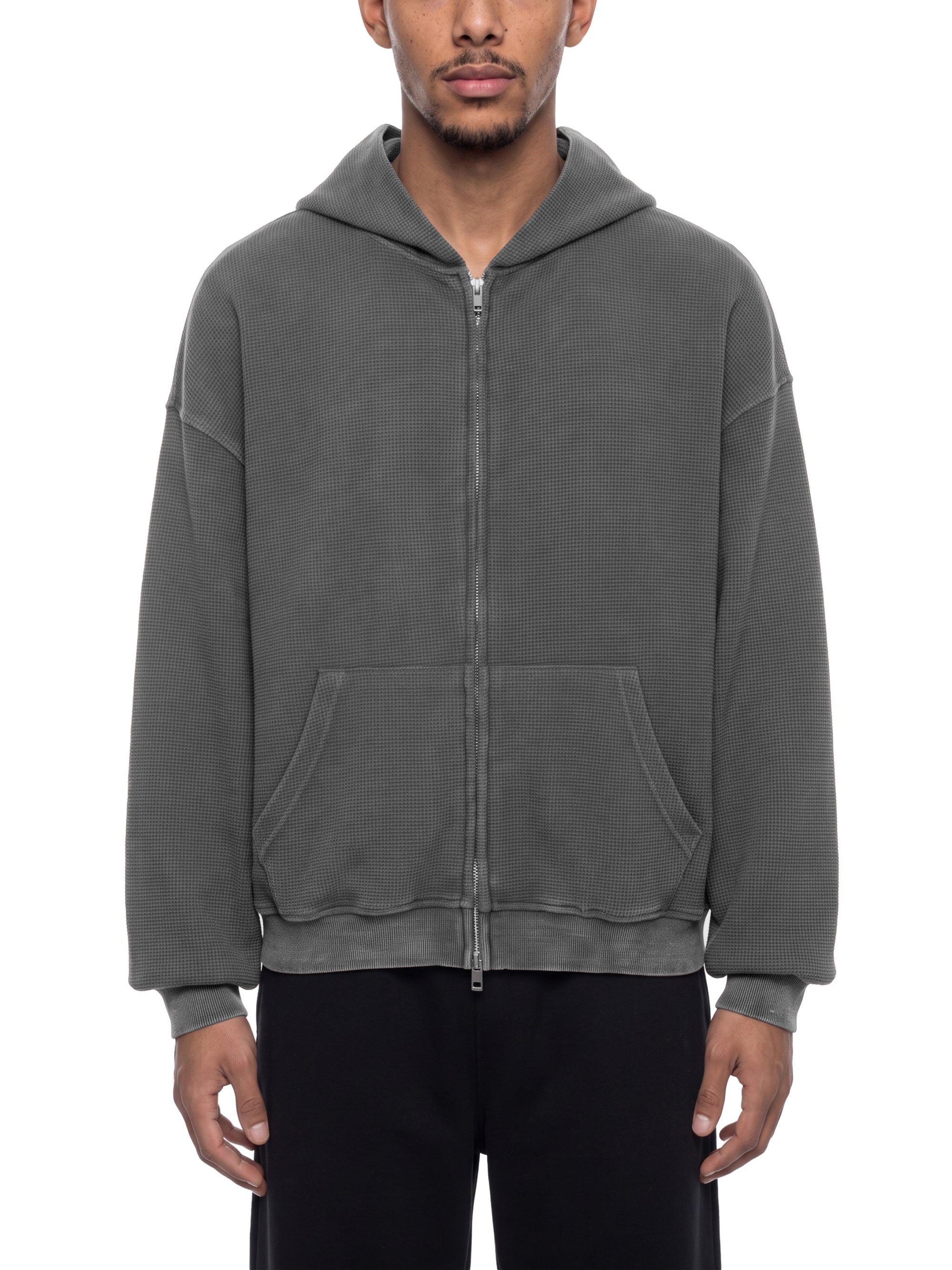 KND Waffle Knit Zip-Through Hoodie — styled on model, front