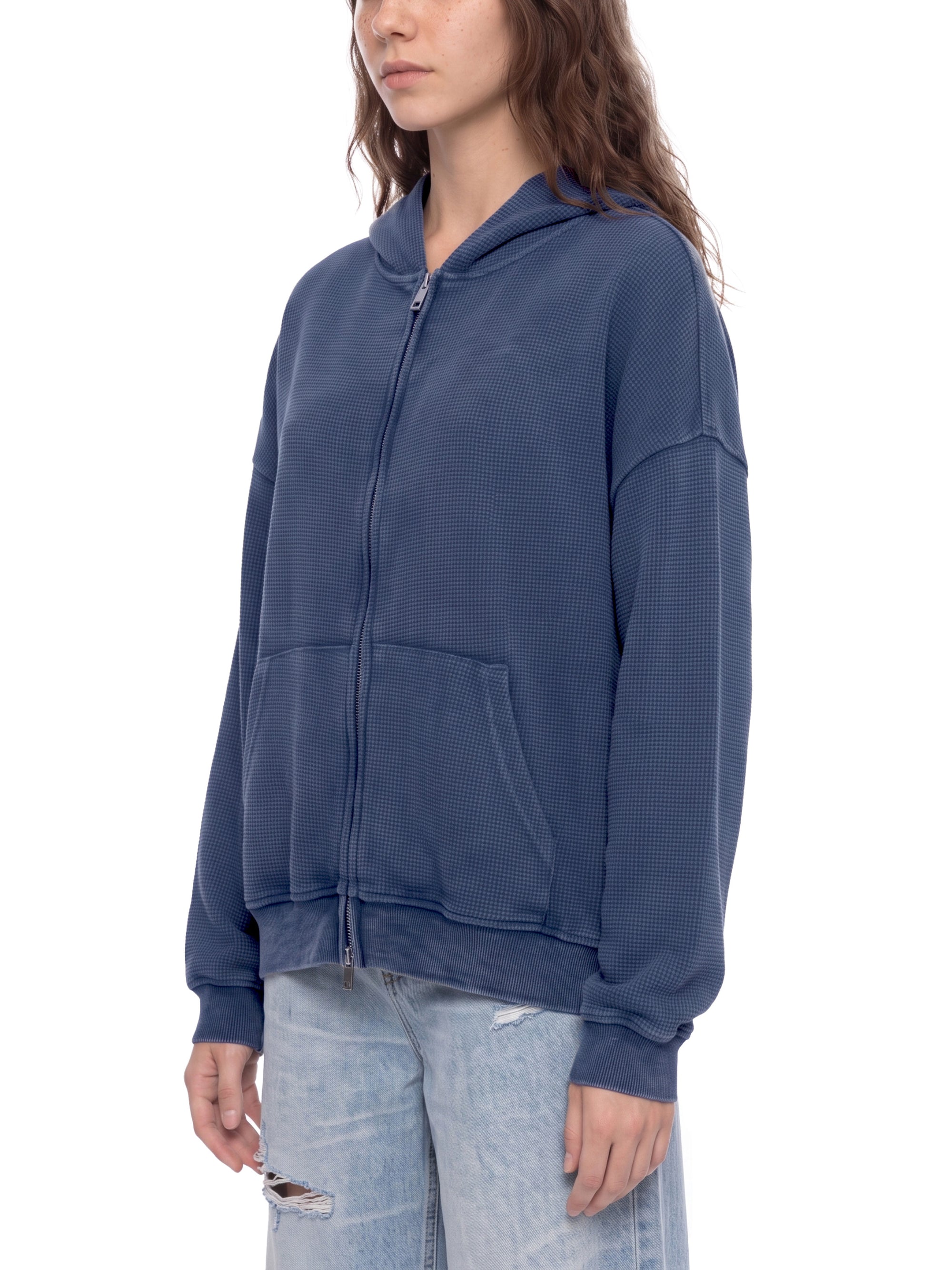 KND Waffle Knit Zip-Through Hoodie — lifestyle, close-up