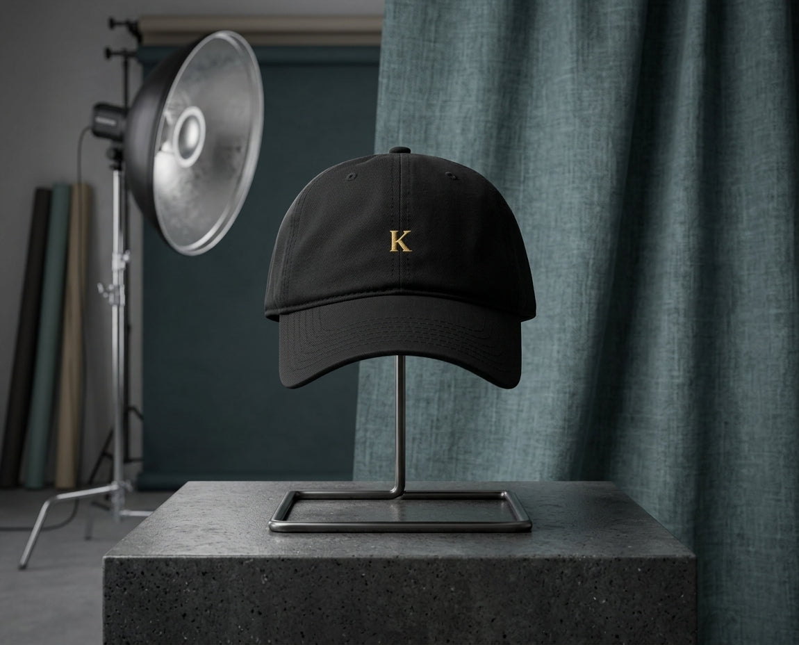 K Monogram Cap in black — small gold K embroidered centre-front on an unstructured low-profile cotton cap