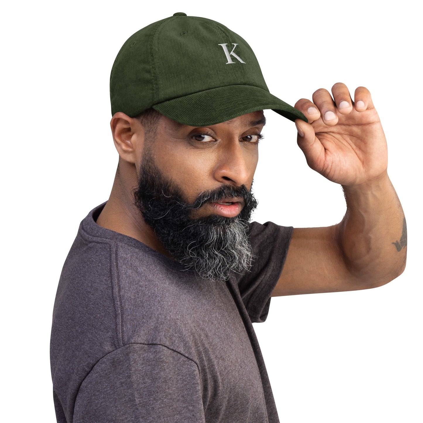 KND Olive Corduroy Hat — embroidered cap front view