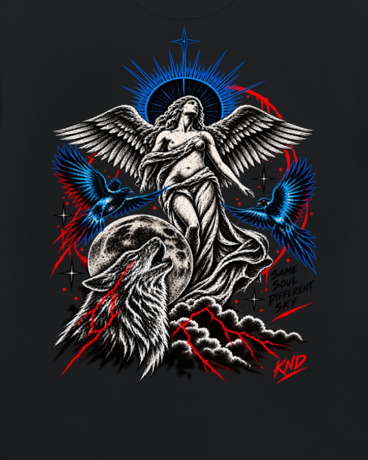 Same Soul — winged figure with a starburst halo, blue swallows and a howling wolf, printed on a black KND tee