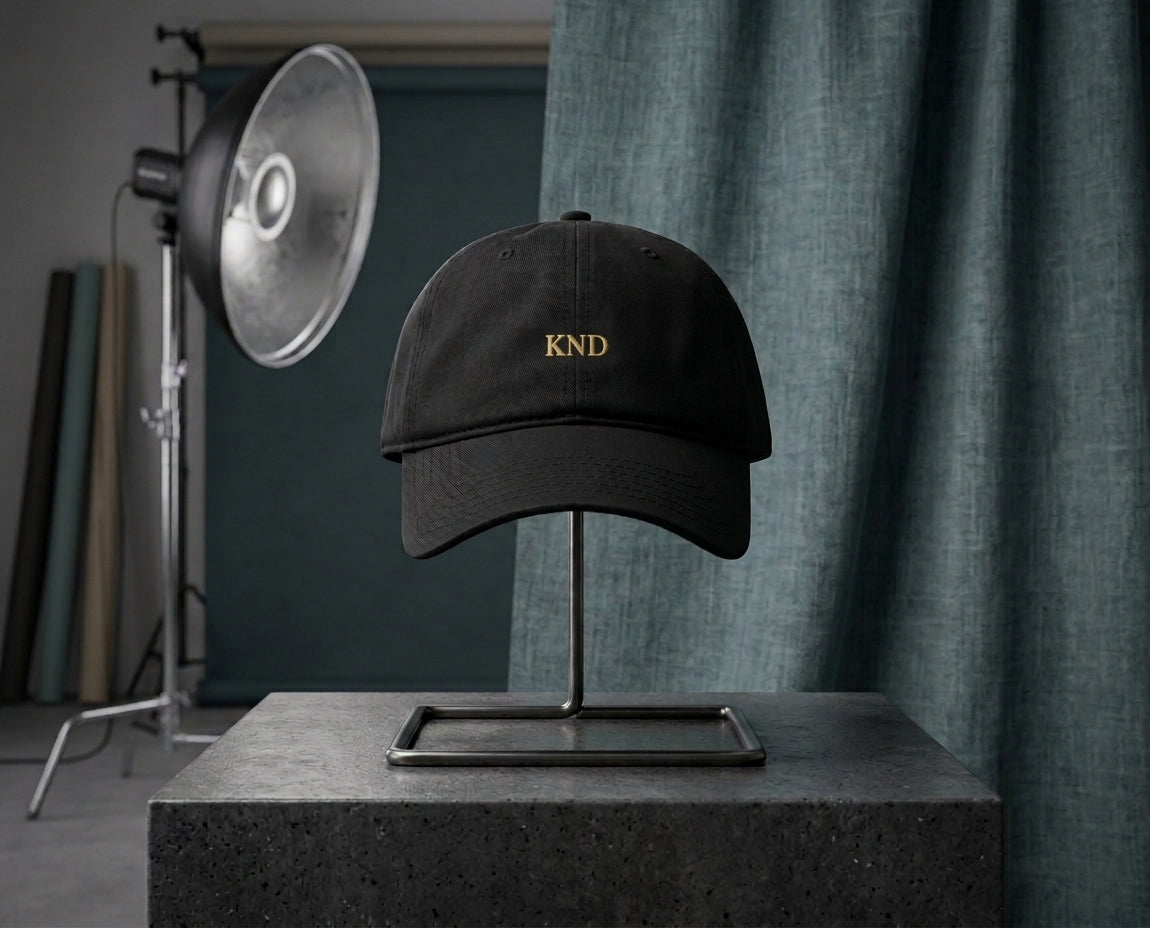 KND Wordmark Cap in black — gold KND wordmark embroidered centre-front on an unstructured cotton cap
