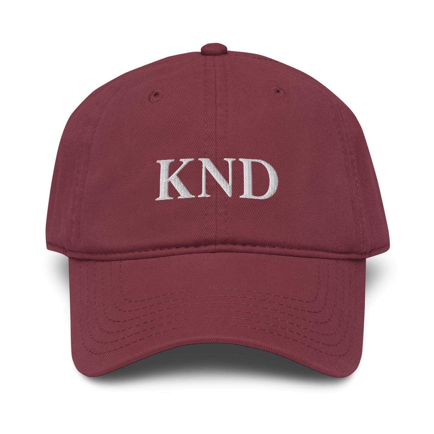KND Signature embroidered cotton baseball cap in burgundy