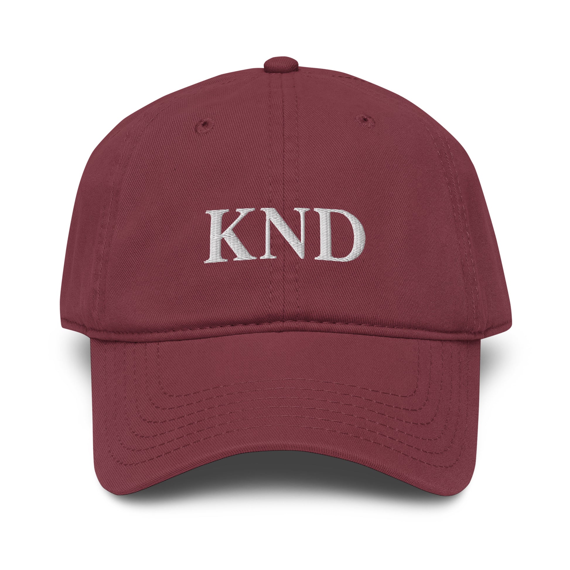 KND Signature embroidered cotton baseball cap in burgundy