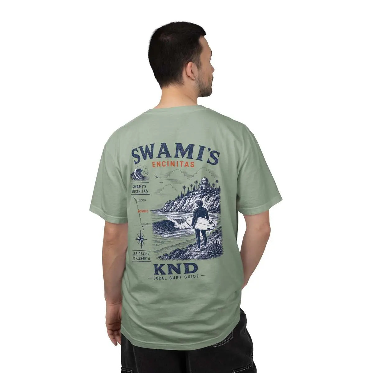 Swami's Surf Tee — back view, Swami's point break illustration