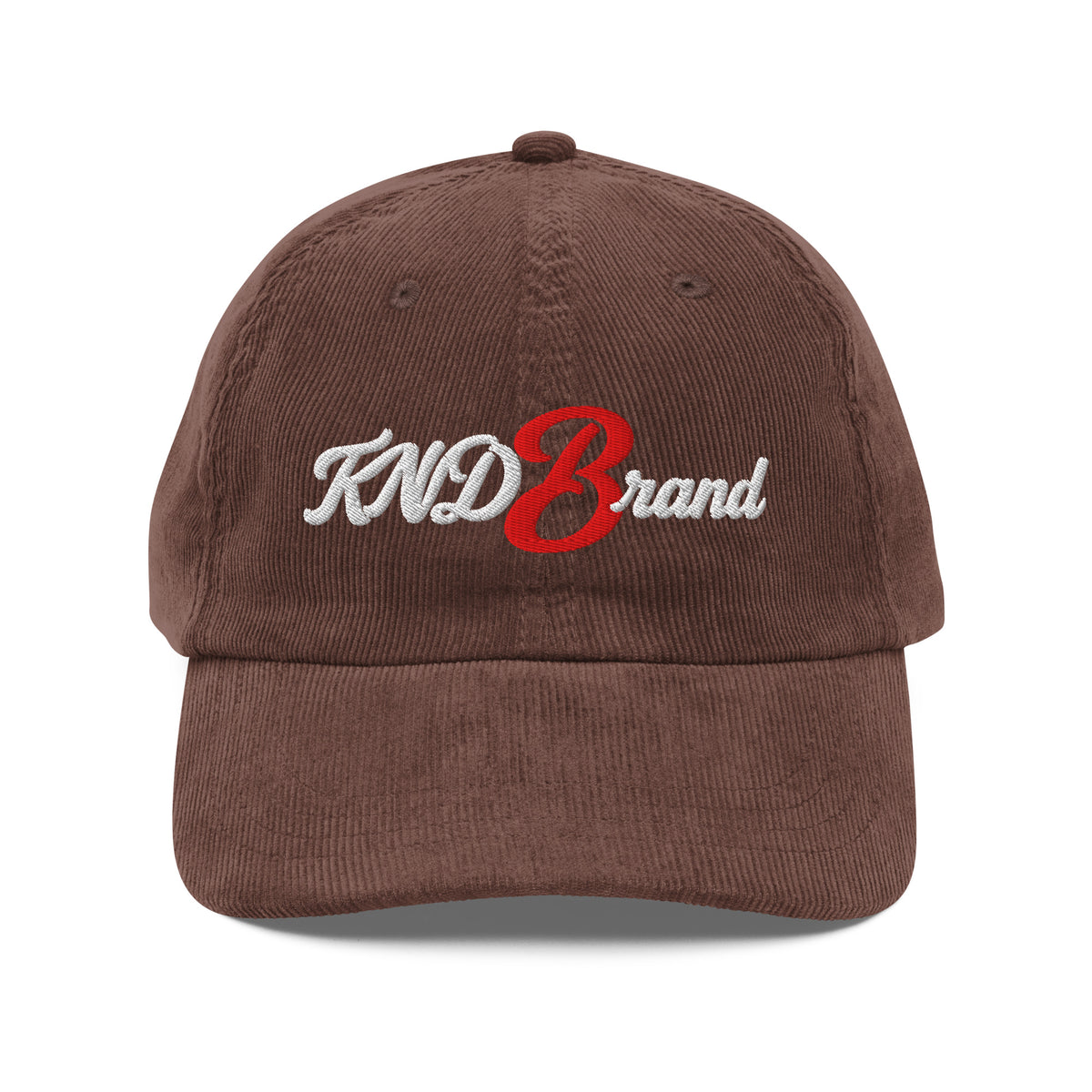 KND Script Corduroy Cap in brown — white KND Brand script with a red B embroidered front, front view