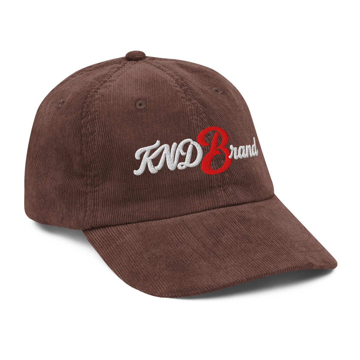 KND Script Corduroy Cap in brown — three-quarter view from the right