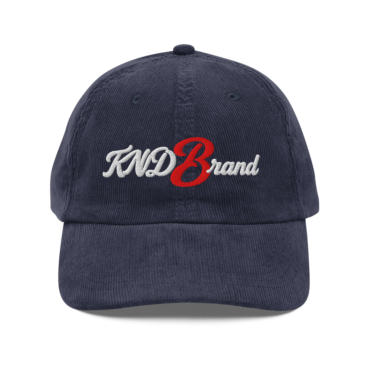 KND Script Corduroy Cap in navy — white KND Brand script with a red B embroidered front, front view
